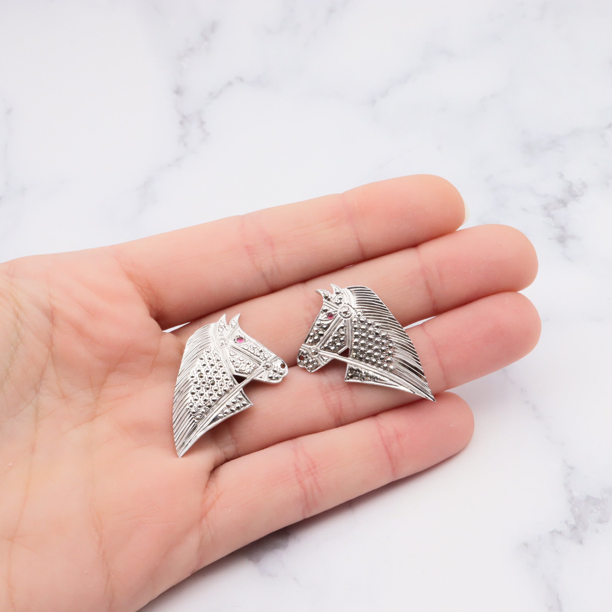 Antique art deco sterling marcasite with faux ruby eyes horse head earrings