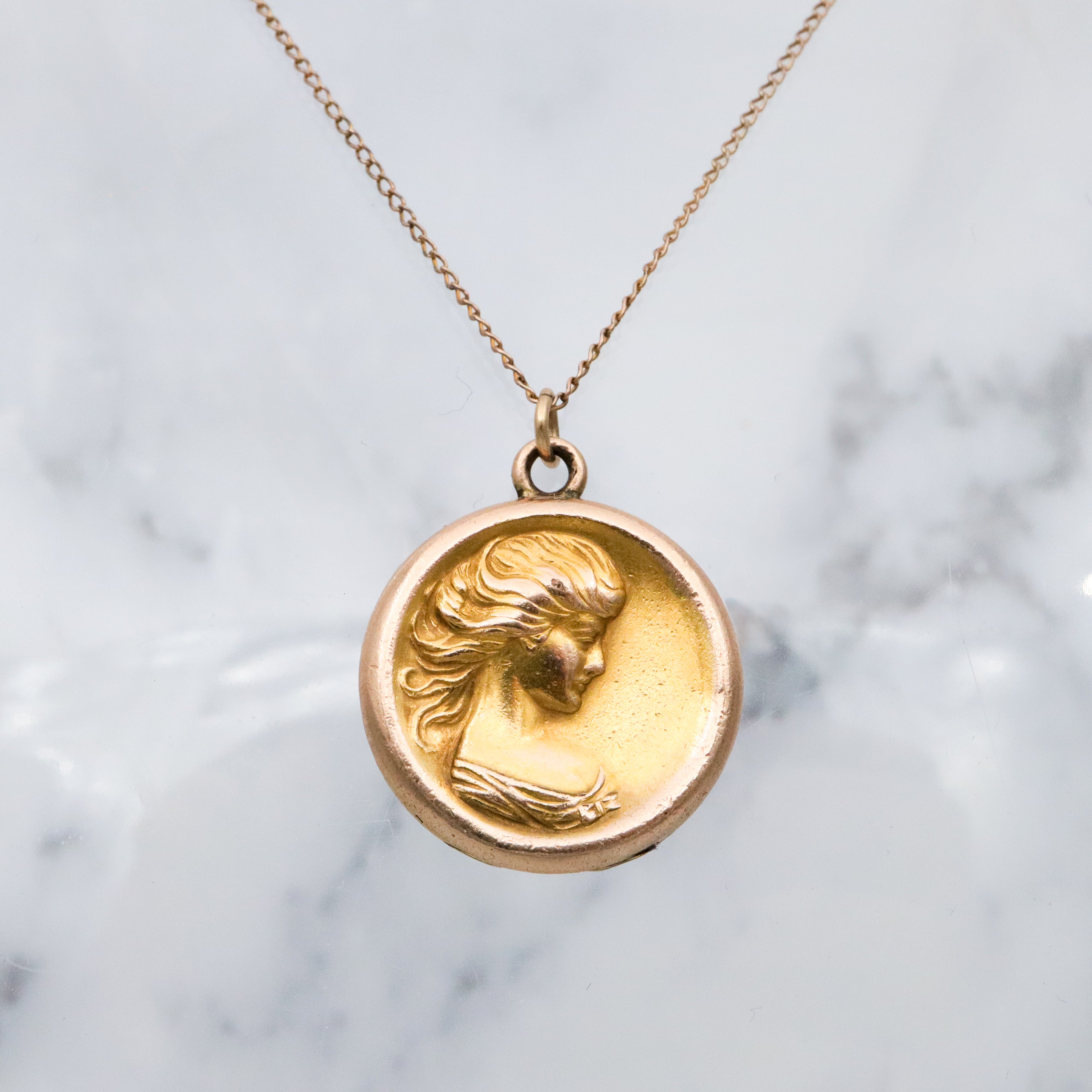 Antique Art Nouveau rolled gold locket w/woman by C.Q. & R.