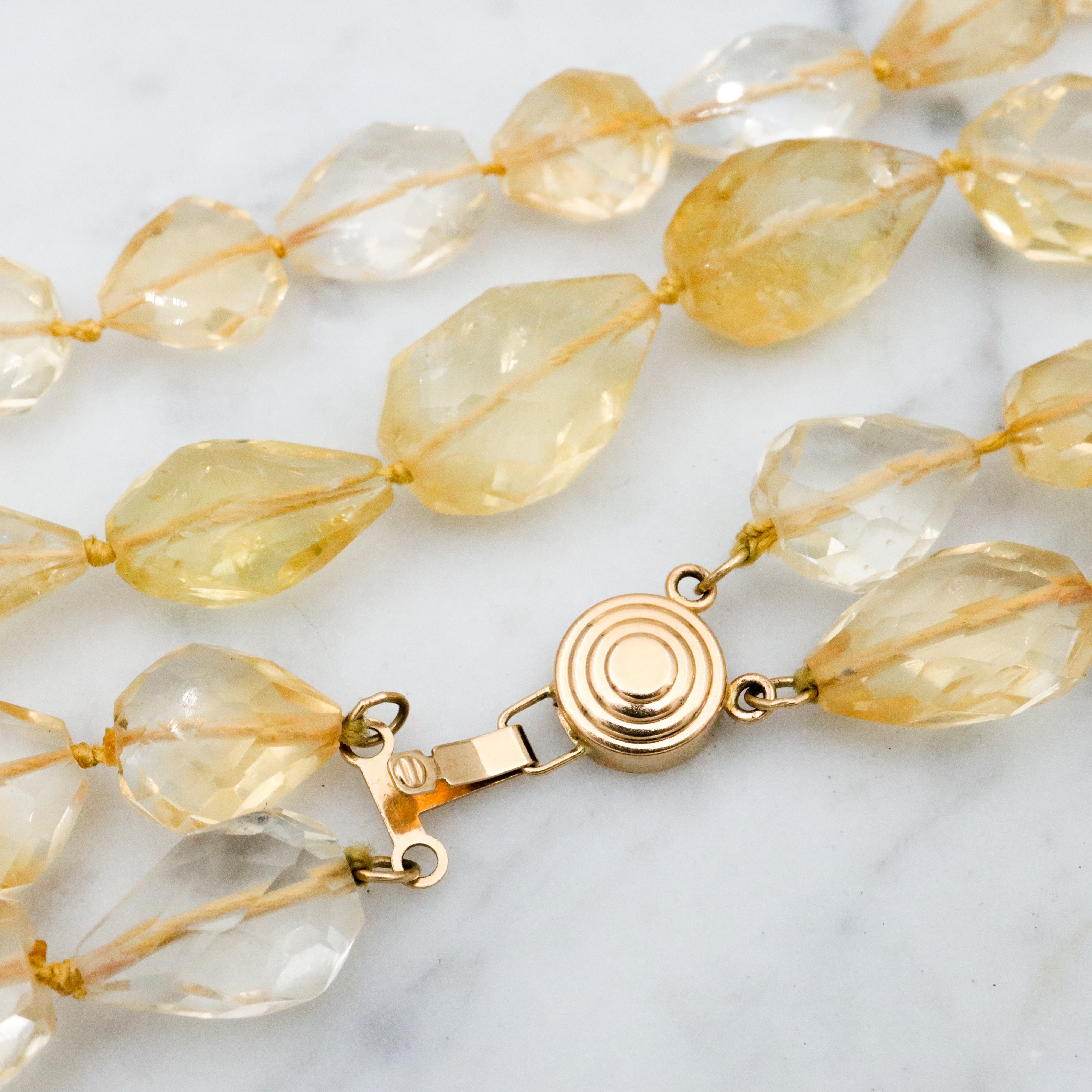 Retro double strand hand cut natural citrine beaded necklace with 14k clasp