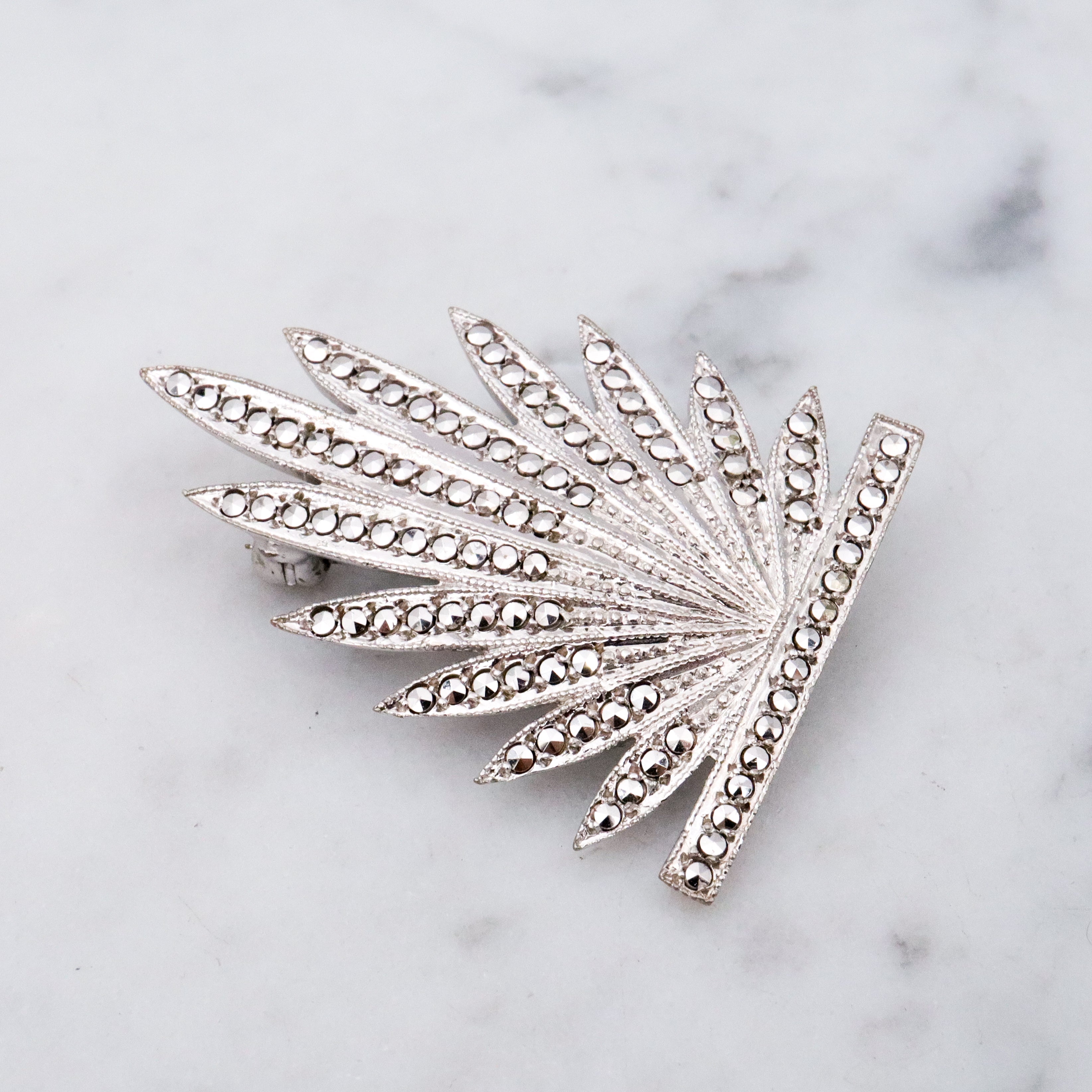 Antique Art Deco sterling marcasite leaf frond brooch