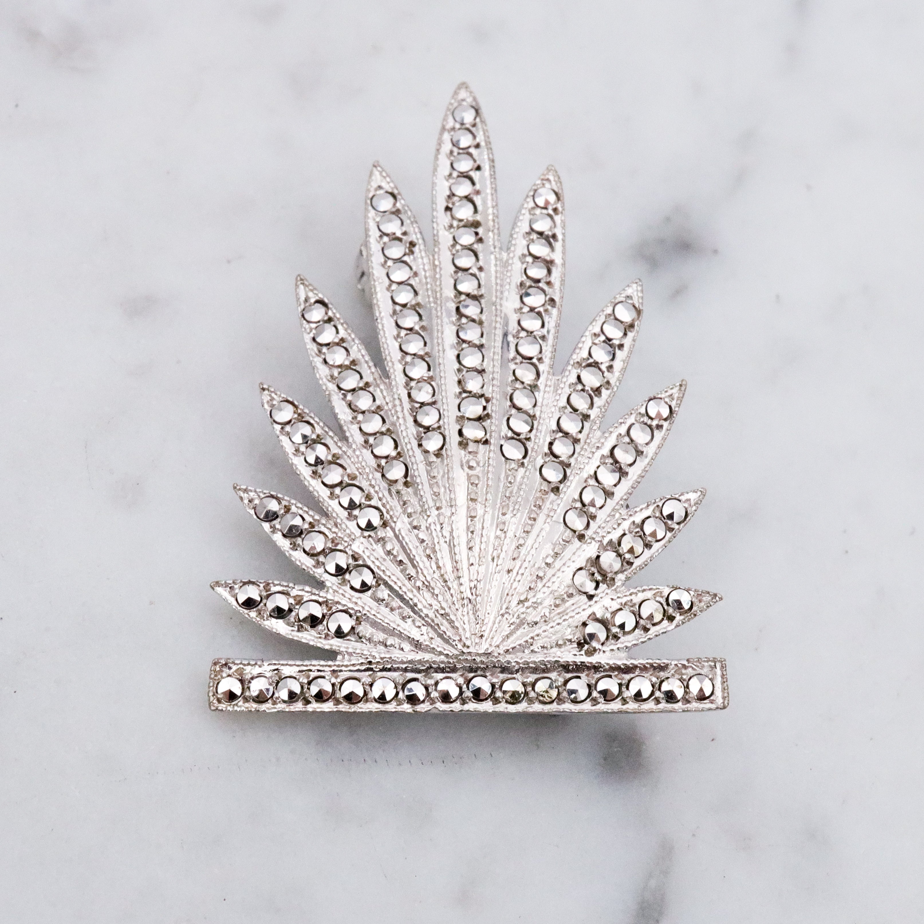 Antique Art Deco sterling marcasite leaf frond brooch