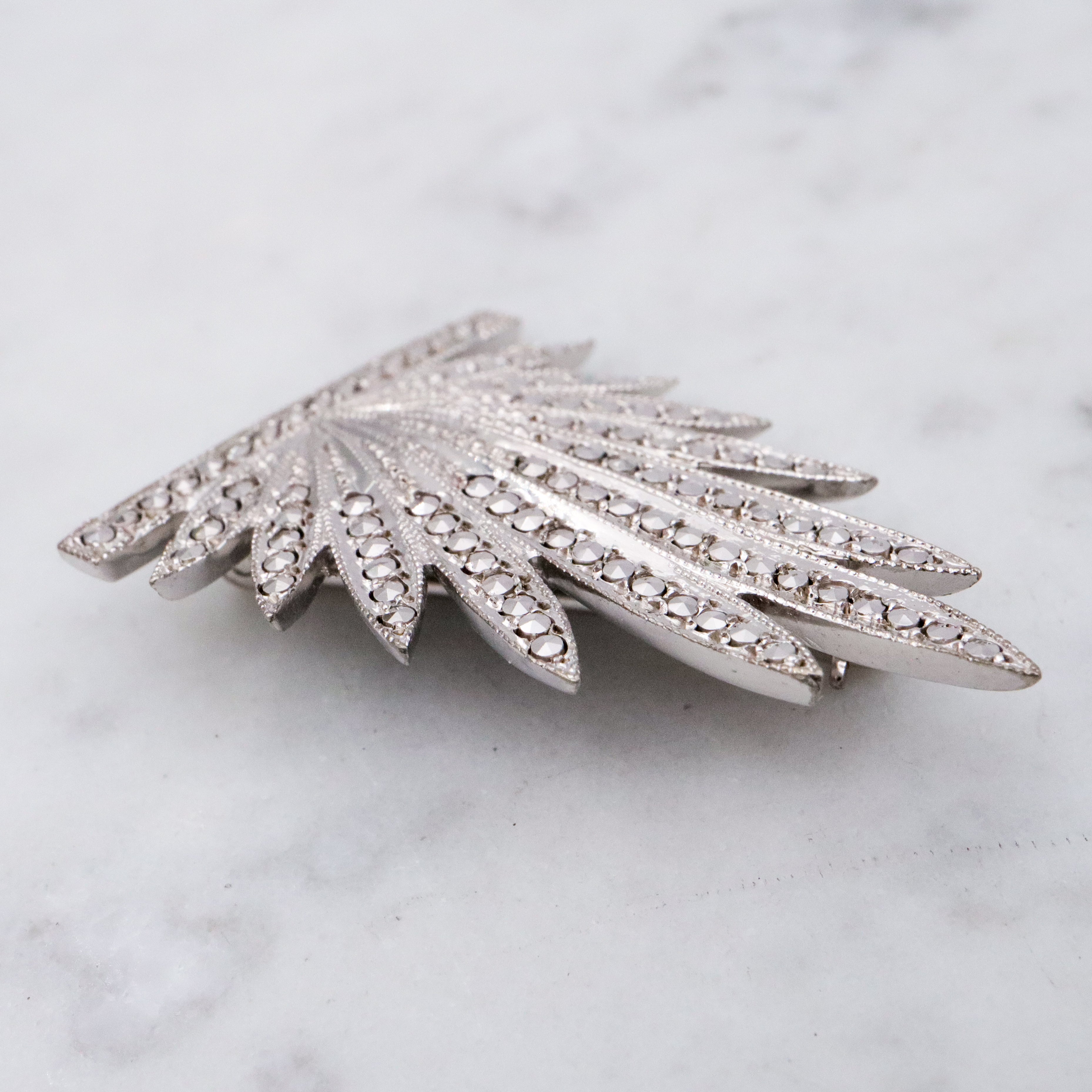 Antique Art Deco sterling marcasite leaf frond brooch