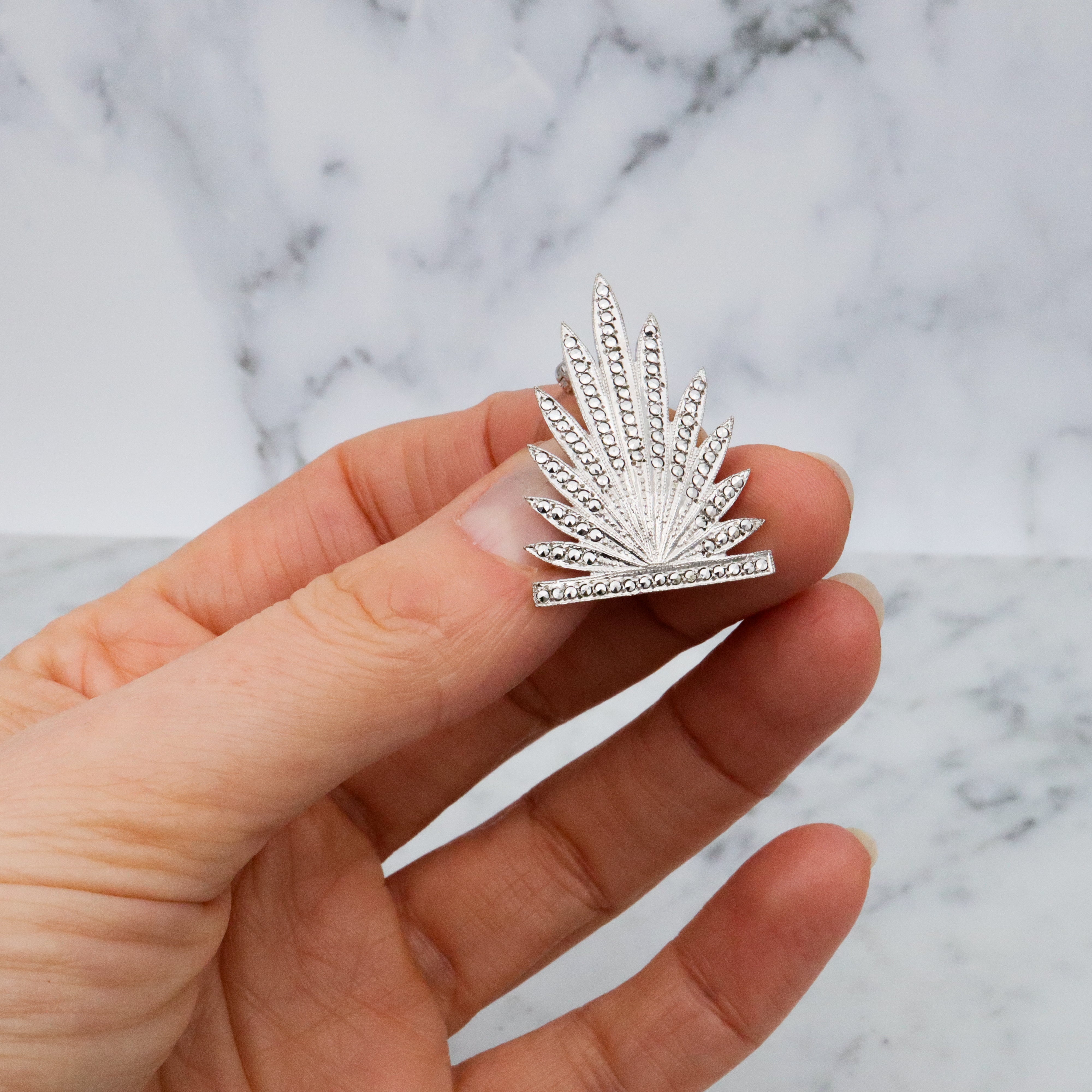 Antique Art Deco sterling marcasite leaf frond brooch