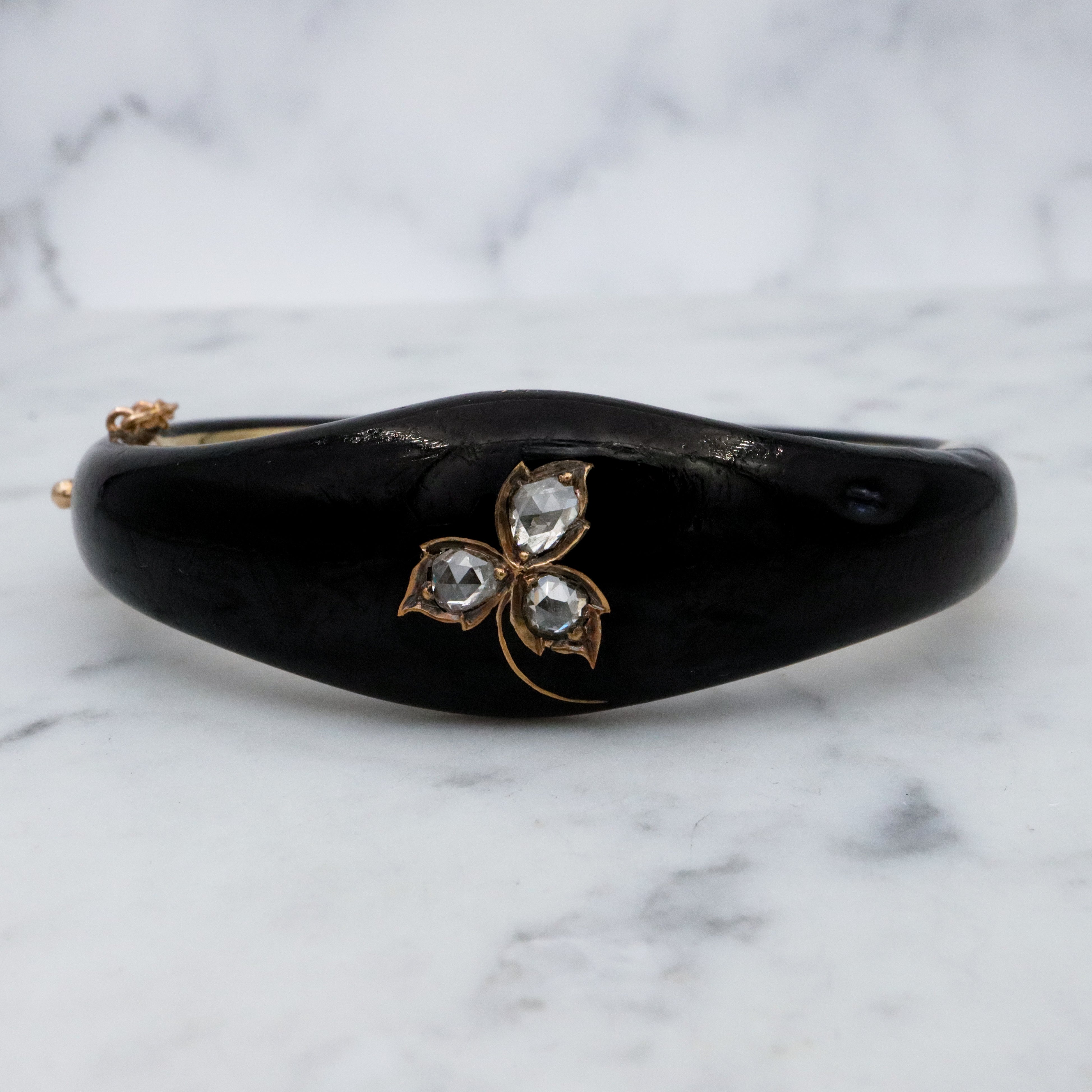 Antique Victorian 14k gold black enamel mourning bangle with rose cut diamonds