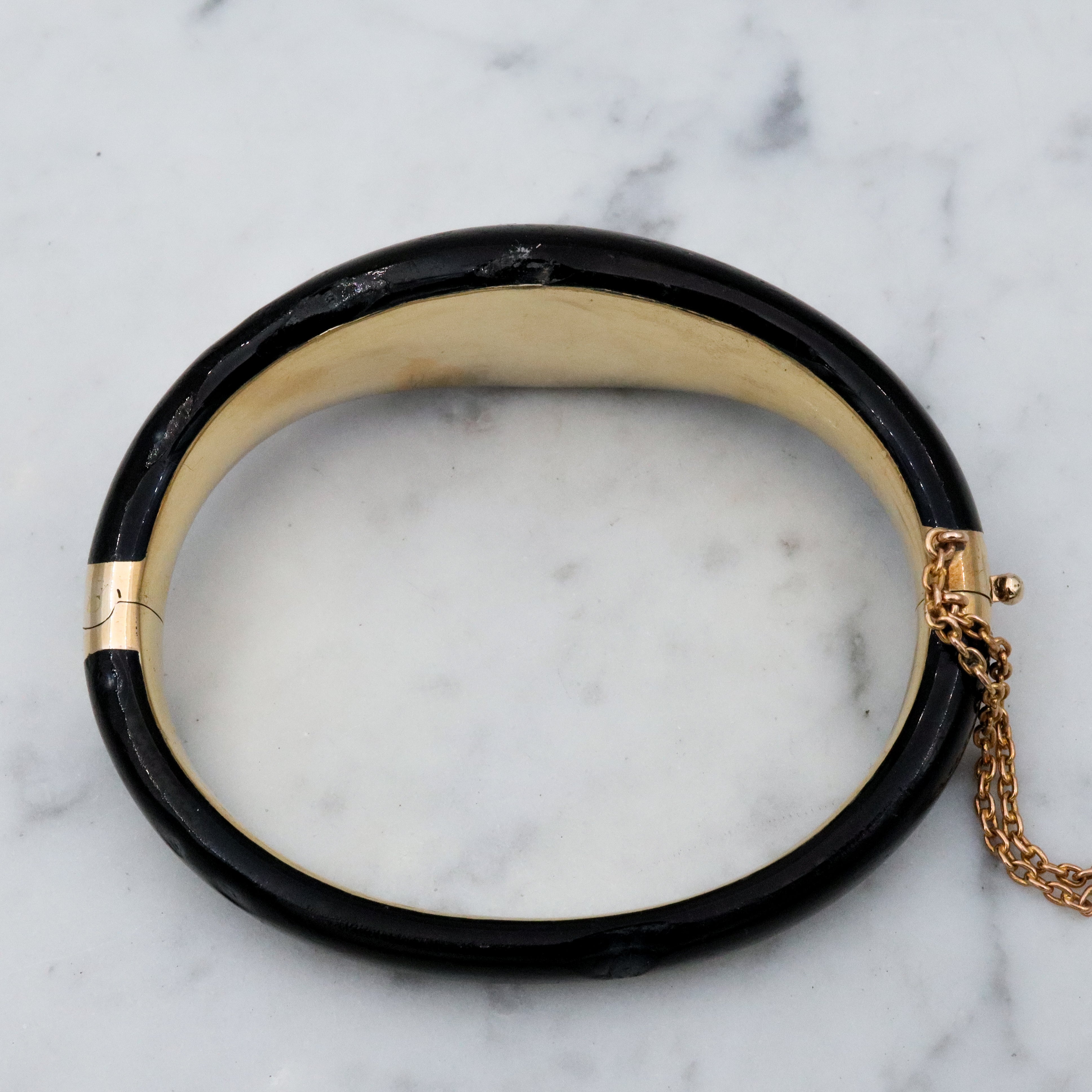 Antique Victorian 14k gold black enamel mourning bangle with rose cut diamonds