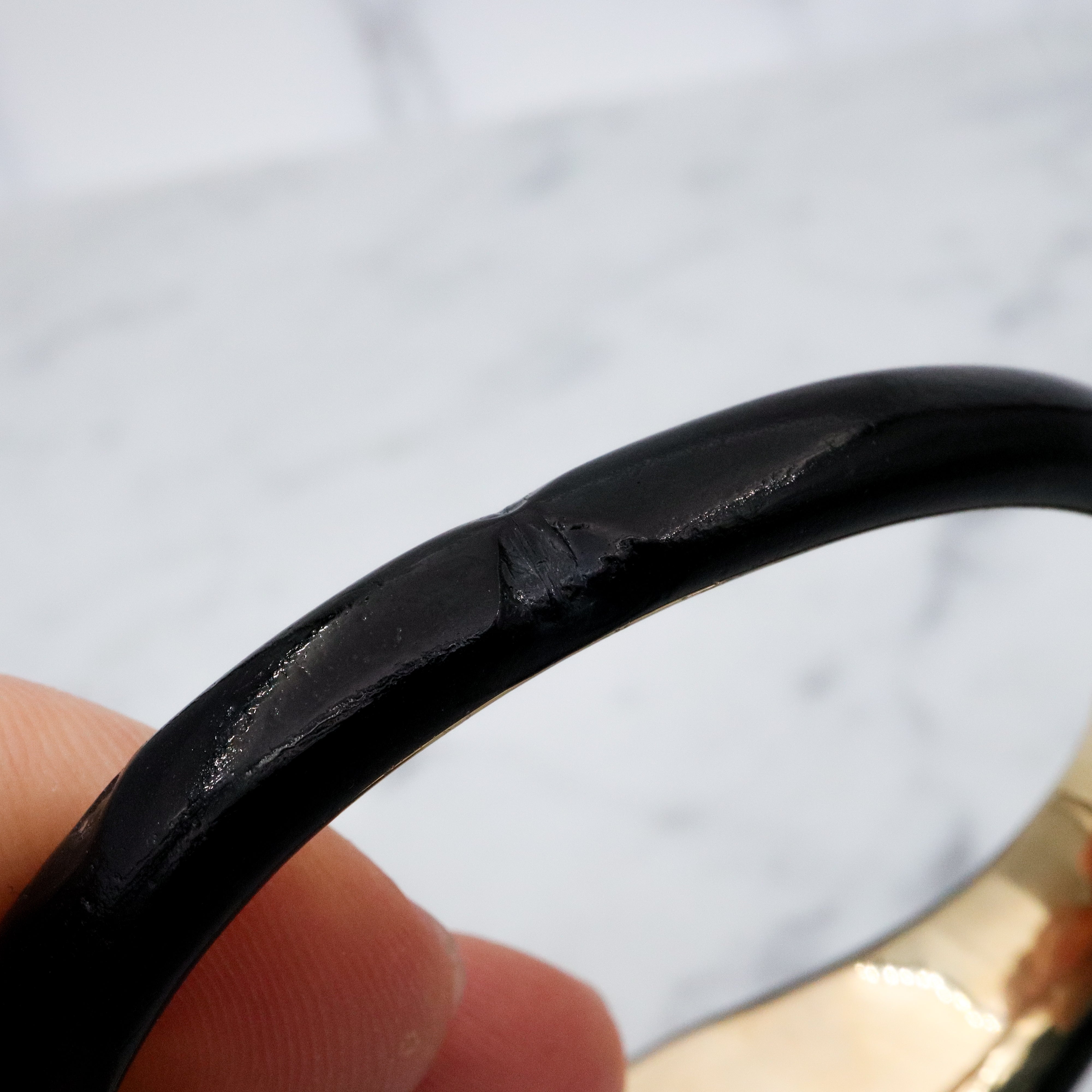 Antique Victorian 14k gold black enamel mourning bangle with rose cut diamonds