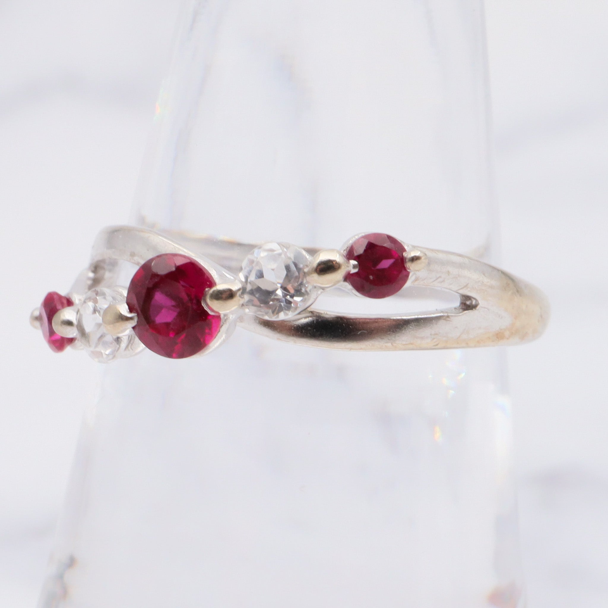 Vintage 10k white gold simulated ruby and cubic zirconia ring, size 6.5