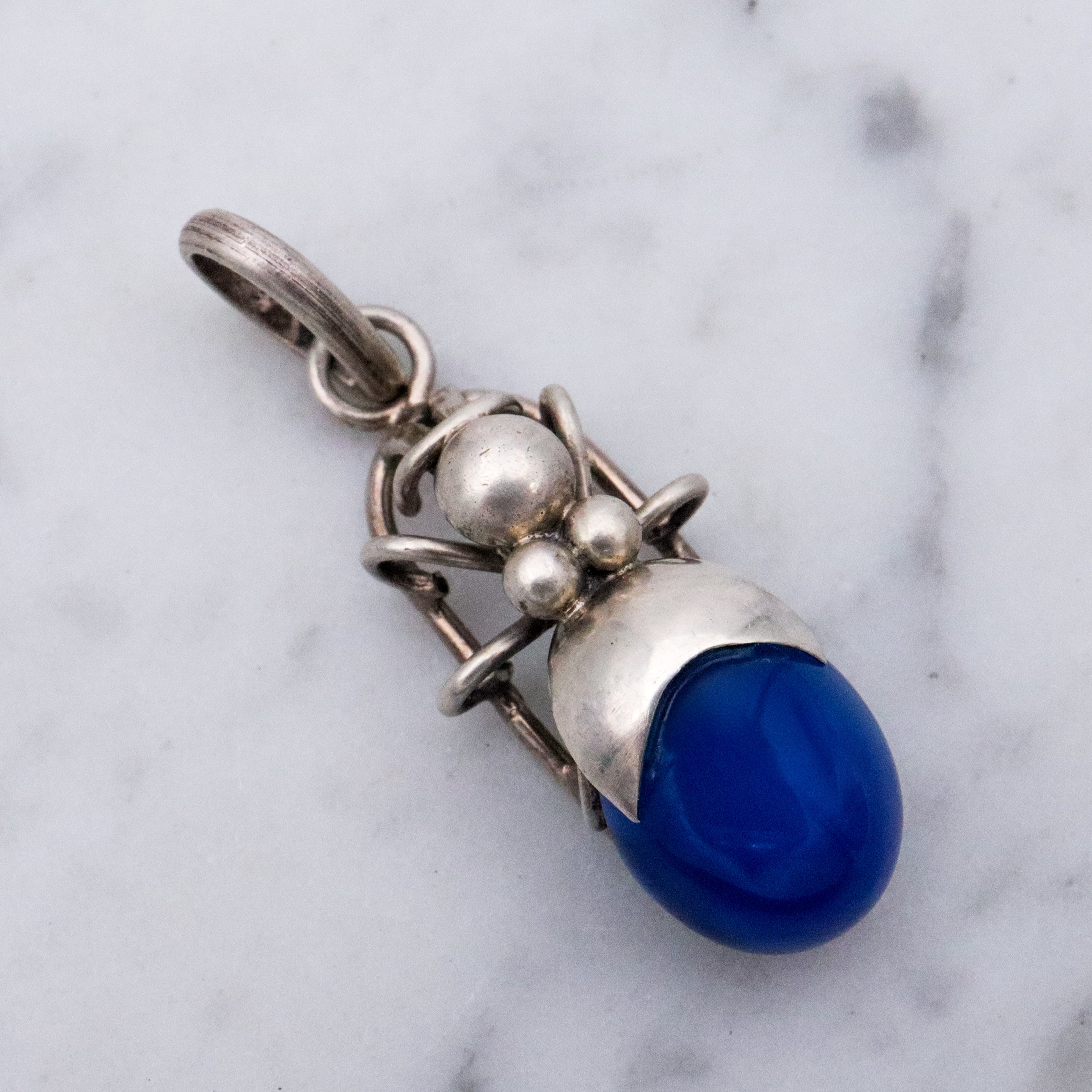 Vintage sterling blue chalcedony beetle bug pendant