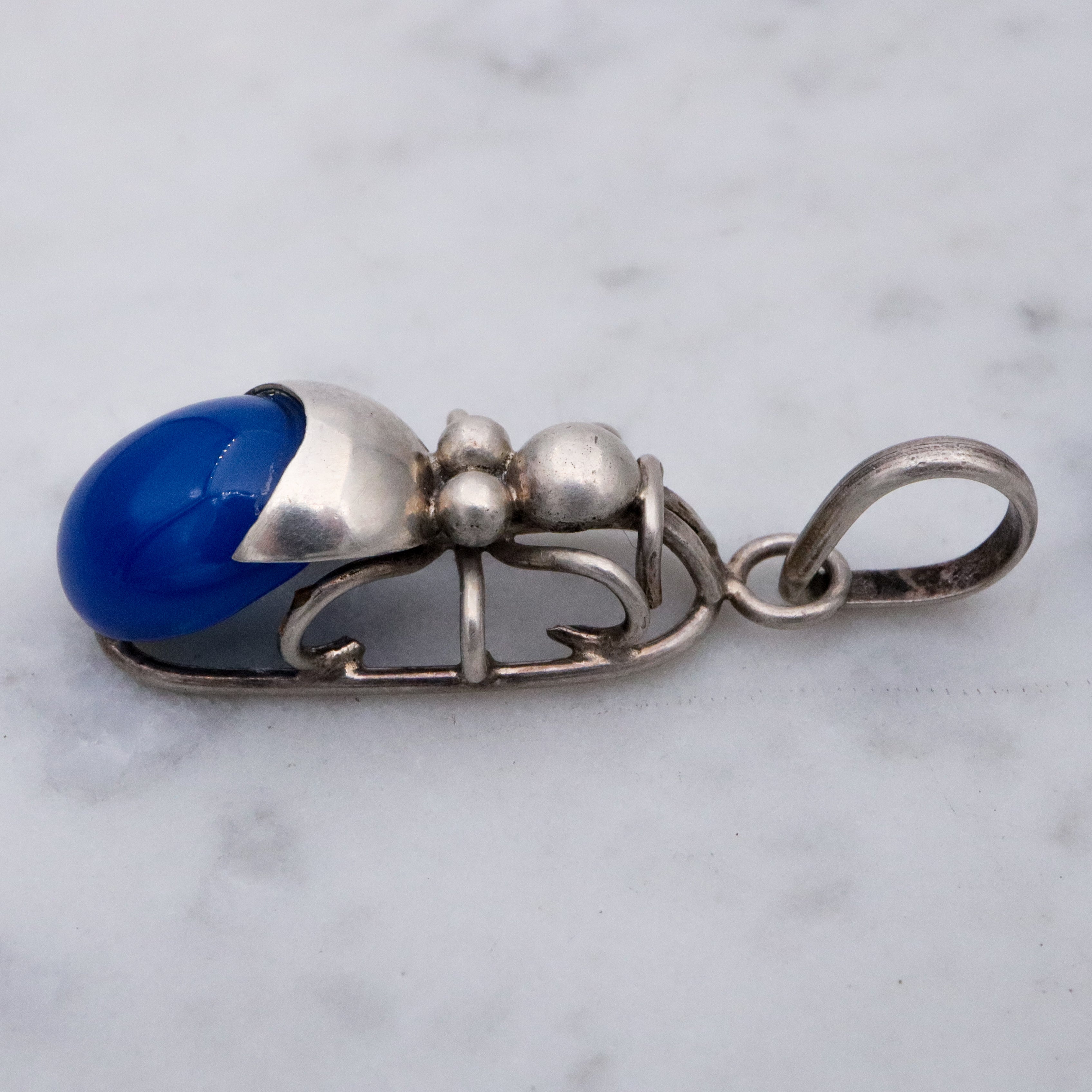 Vintage sterling blue chalcedony beetle bug pendant