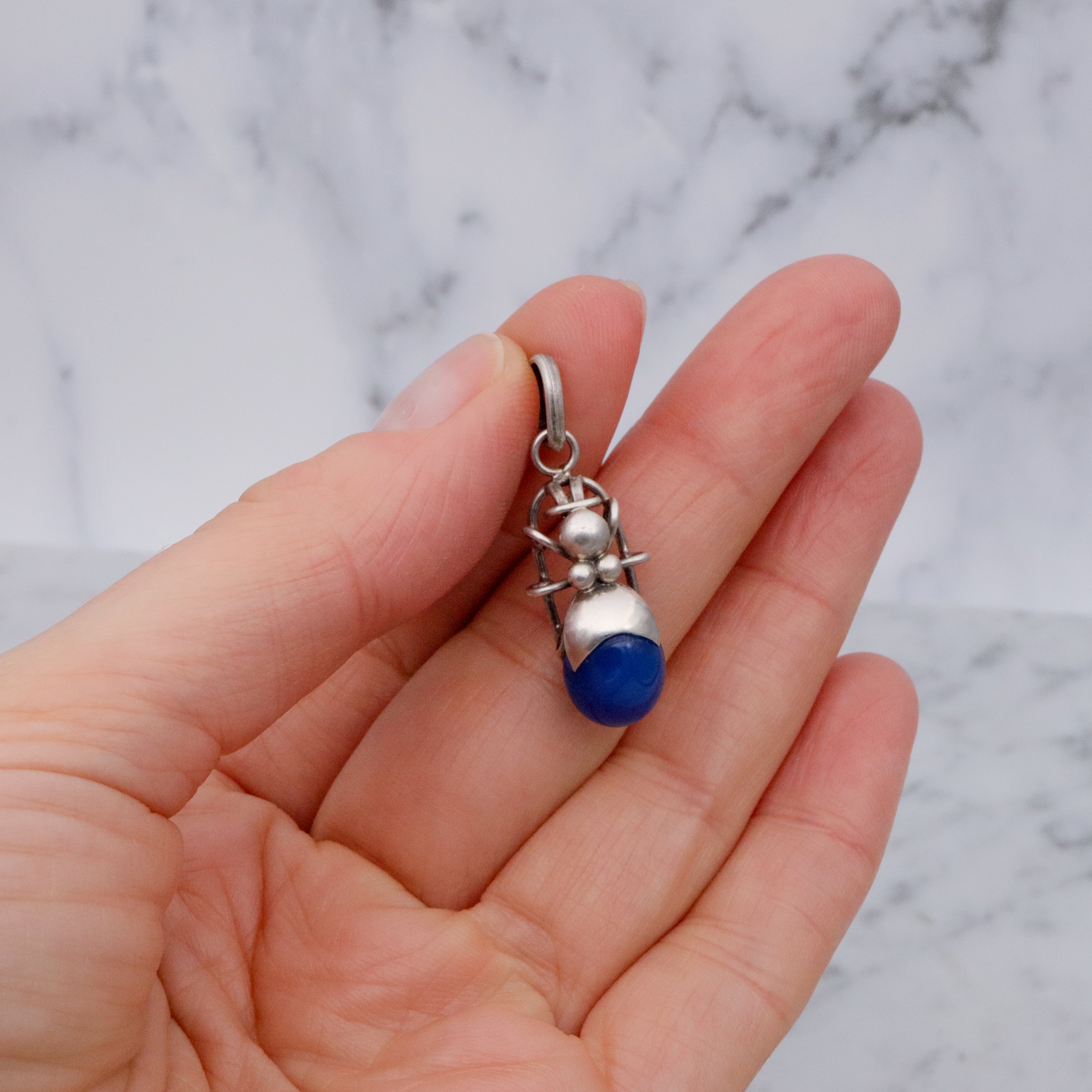 Vintage sterling blue chalcedony beetle bug pendant