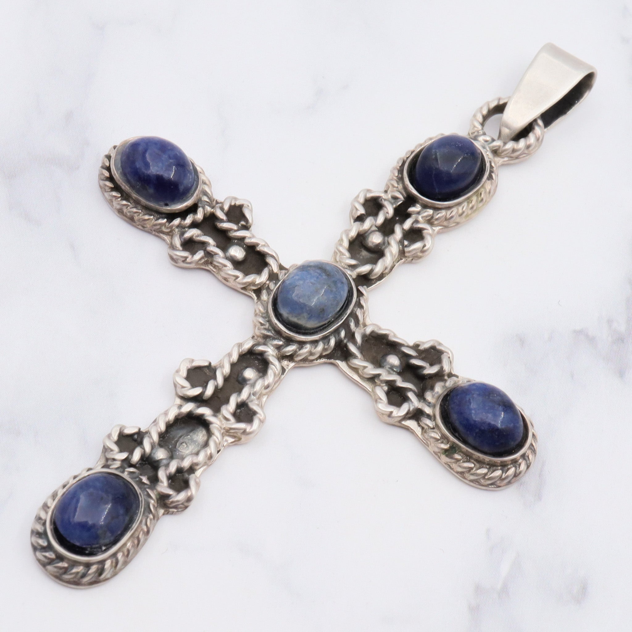 Vintage Mexican sterling lapis large cross pendant