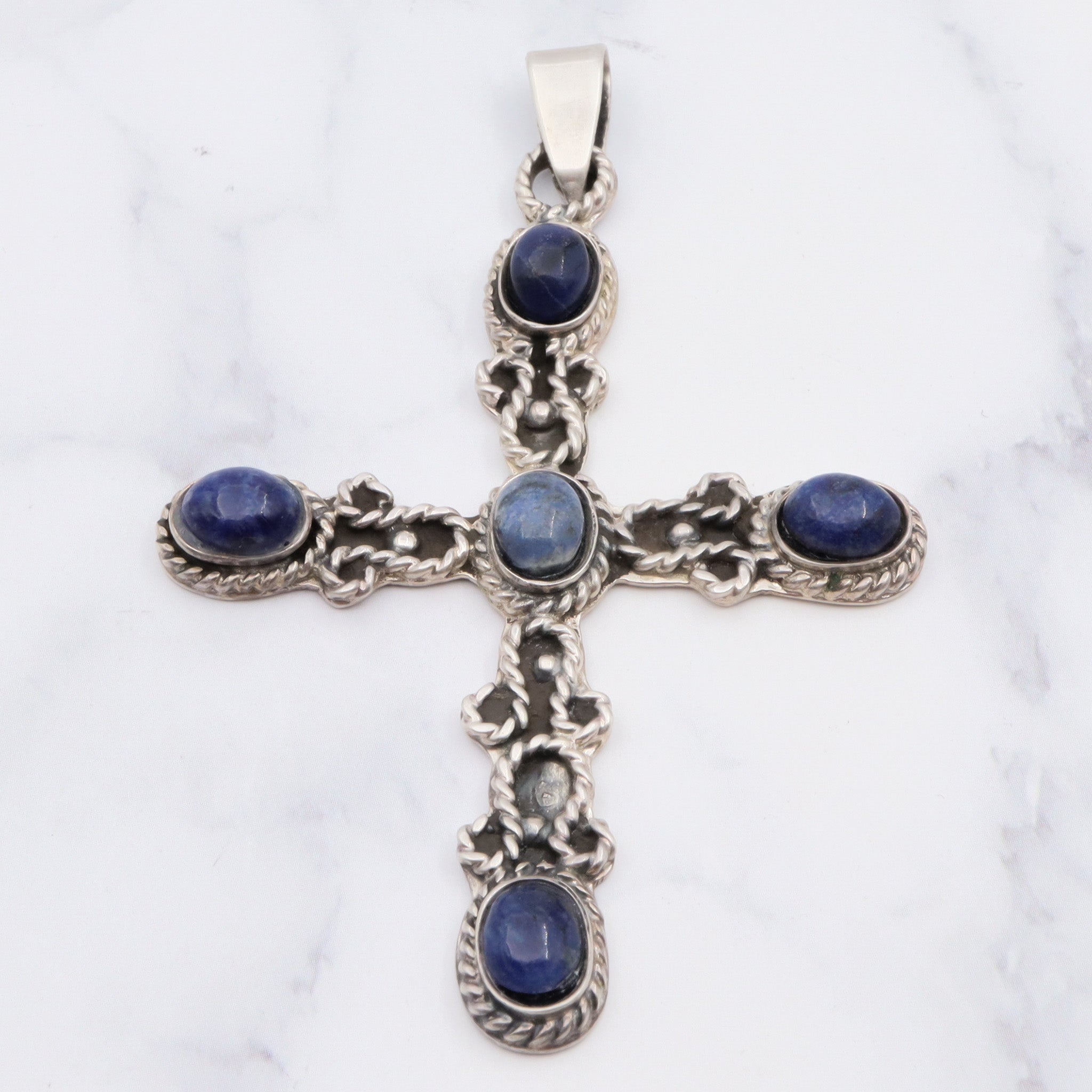 Vintage Mexican sterling lapis large cross pendant