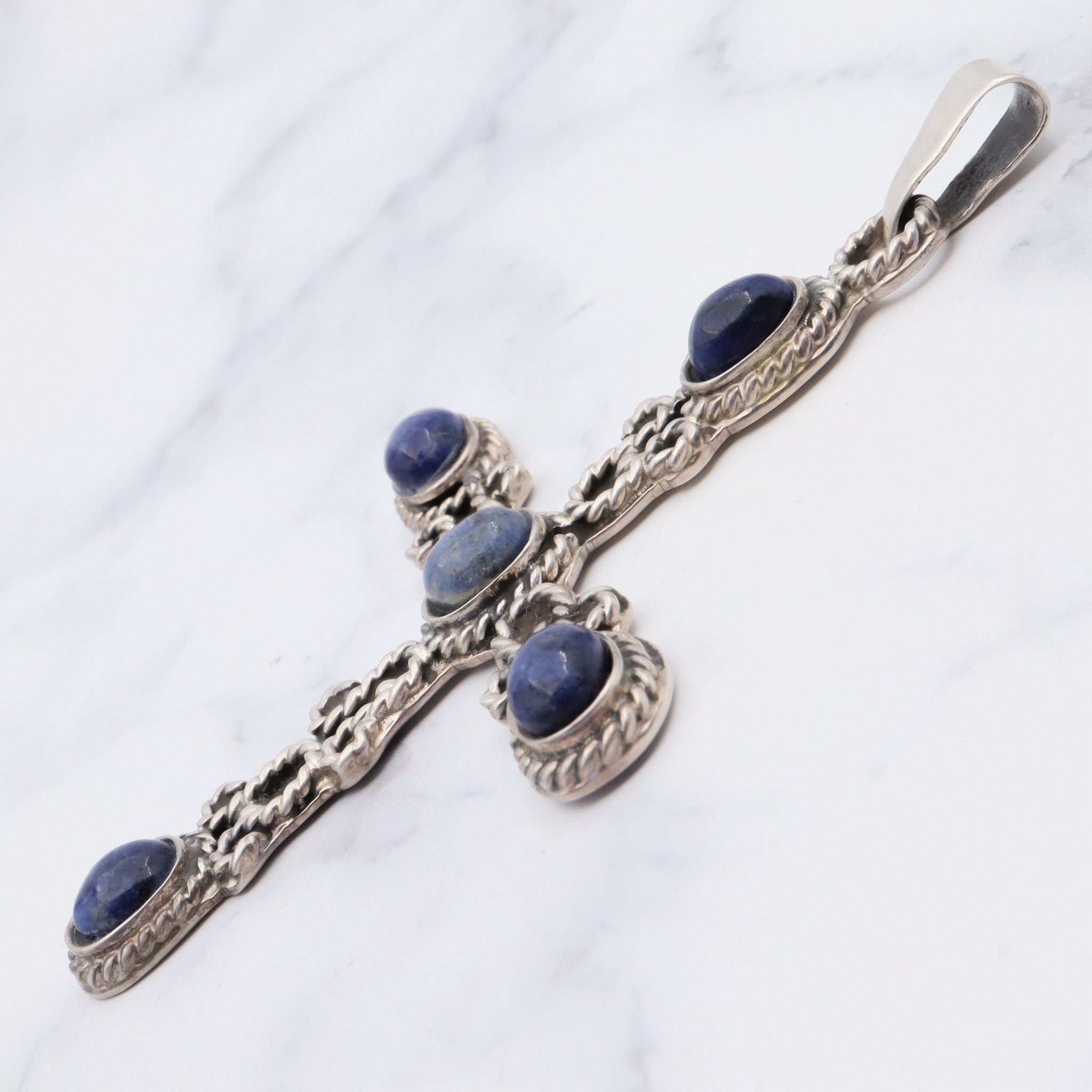 Vintage Mexican sterling lapis large cross pendant