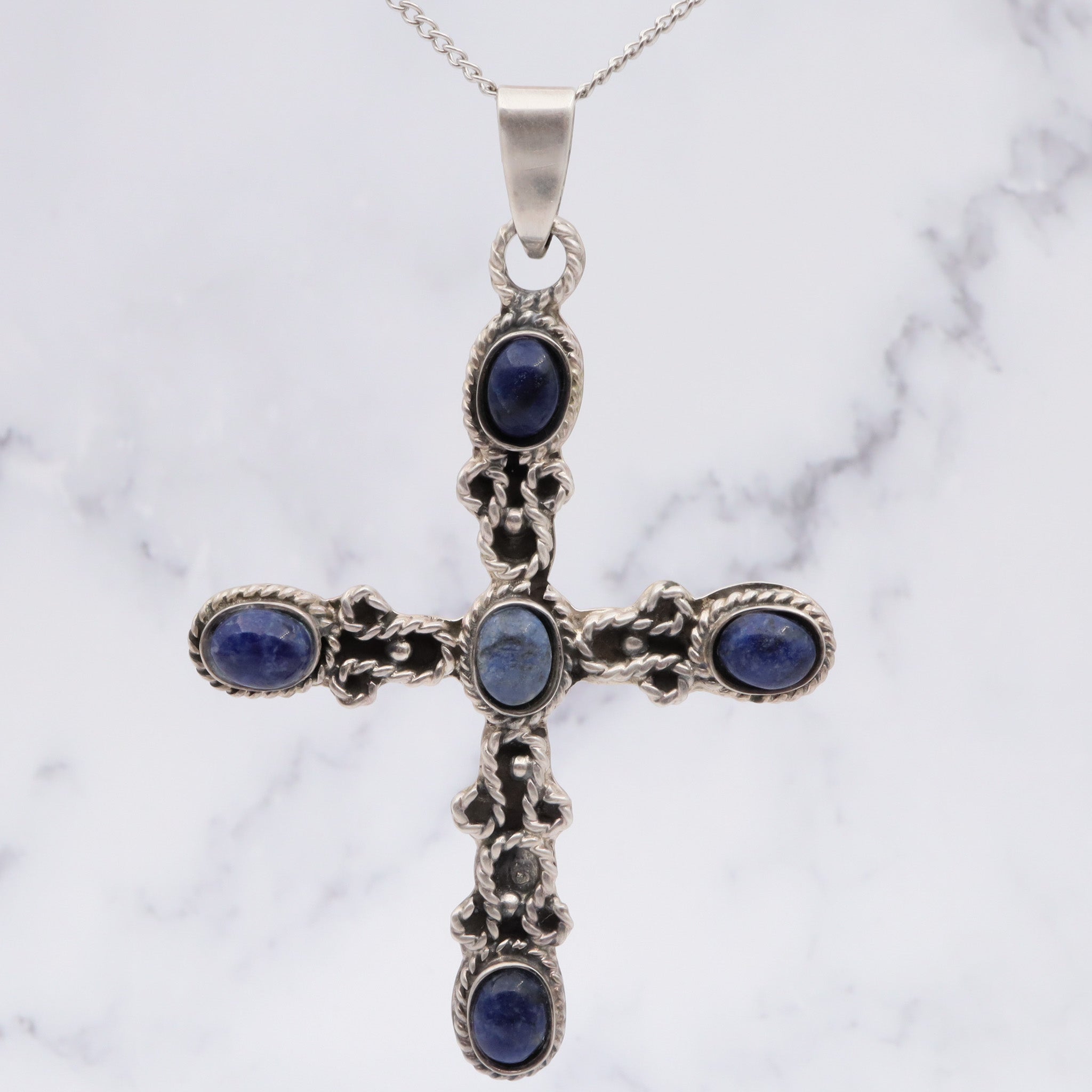 Vintage Mexican sterling lapis large cross pendant