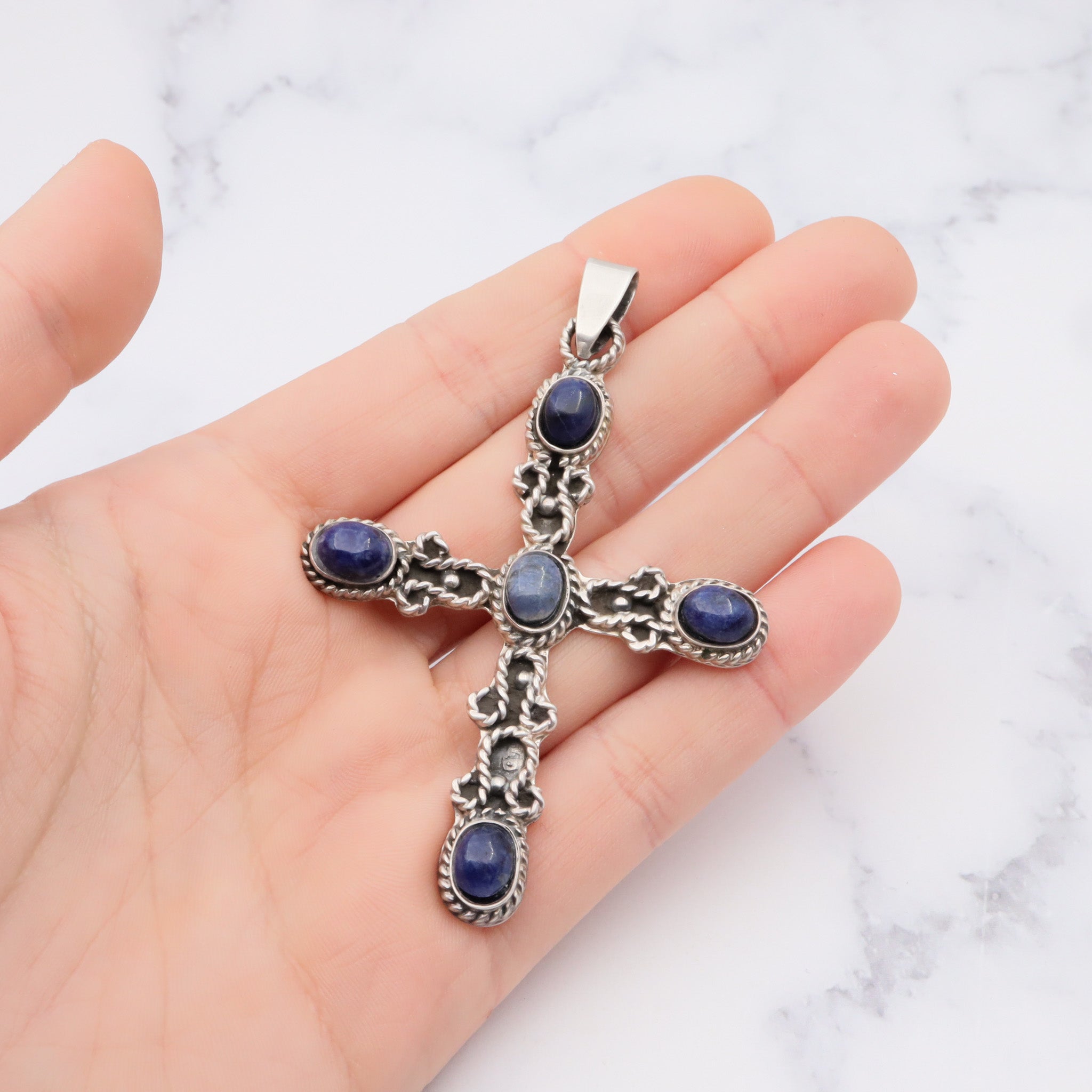 Vintage Mexican sterling lapis large cross pendant