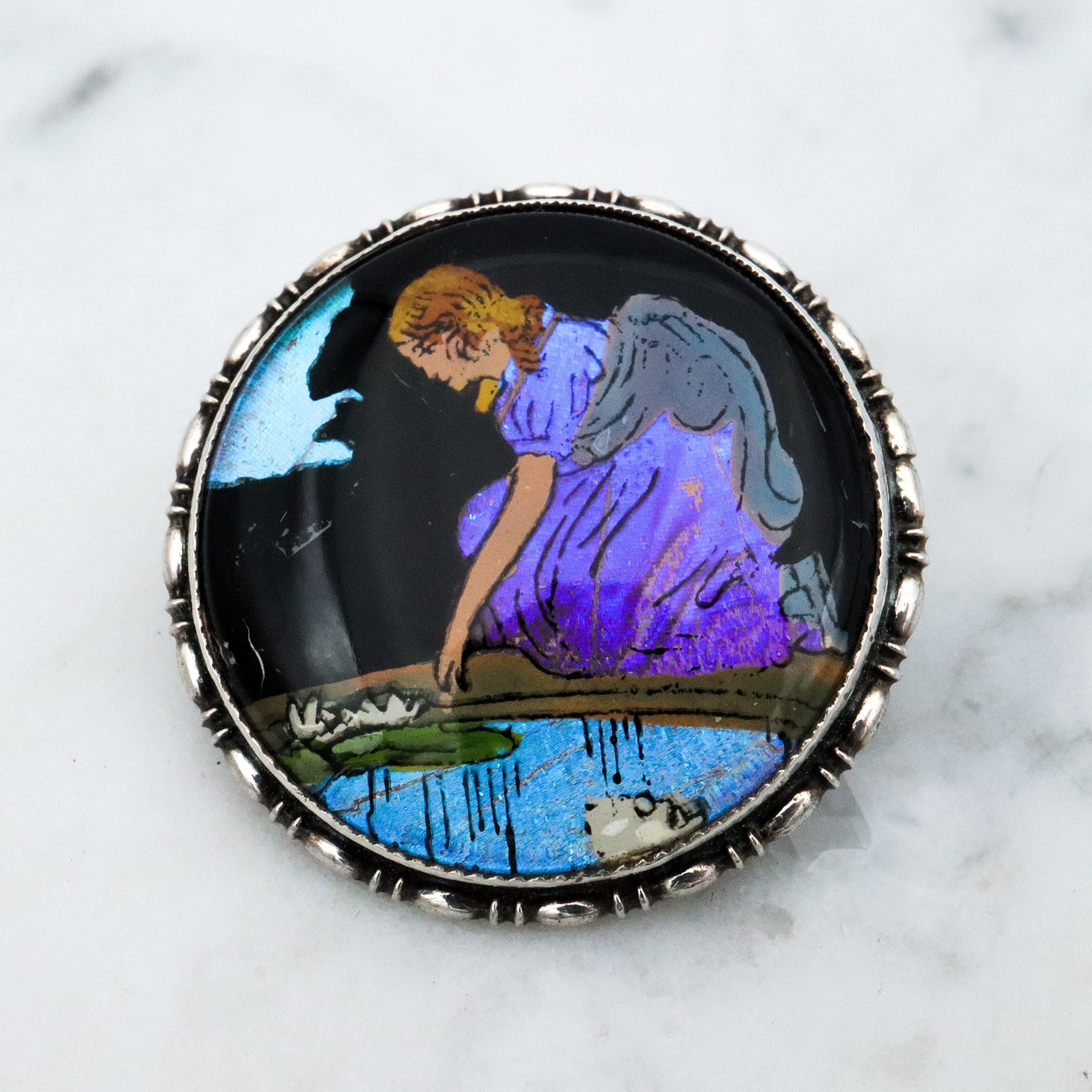 Antique Victorian 1924 England sterling morpho butterfly reverse painted brooch