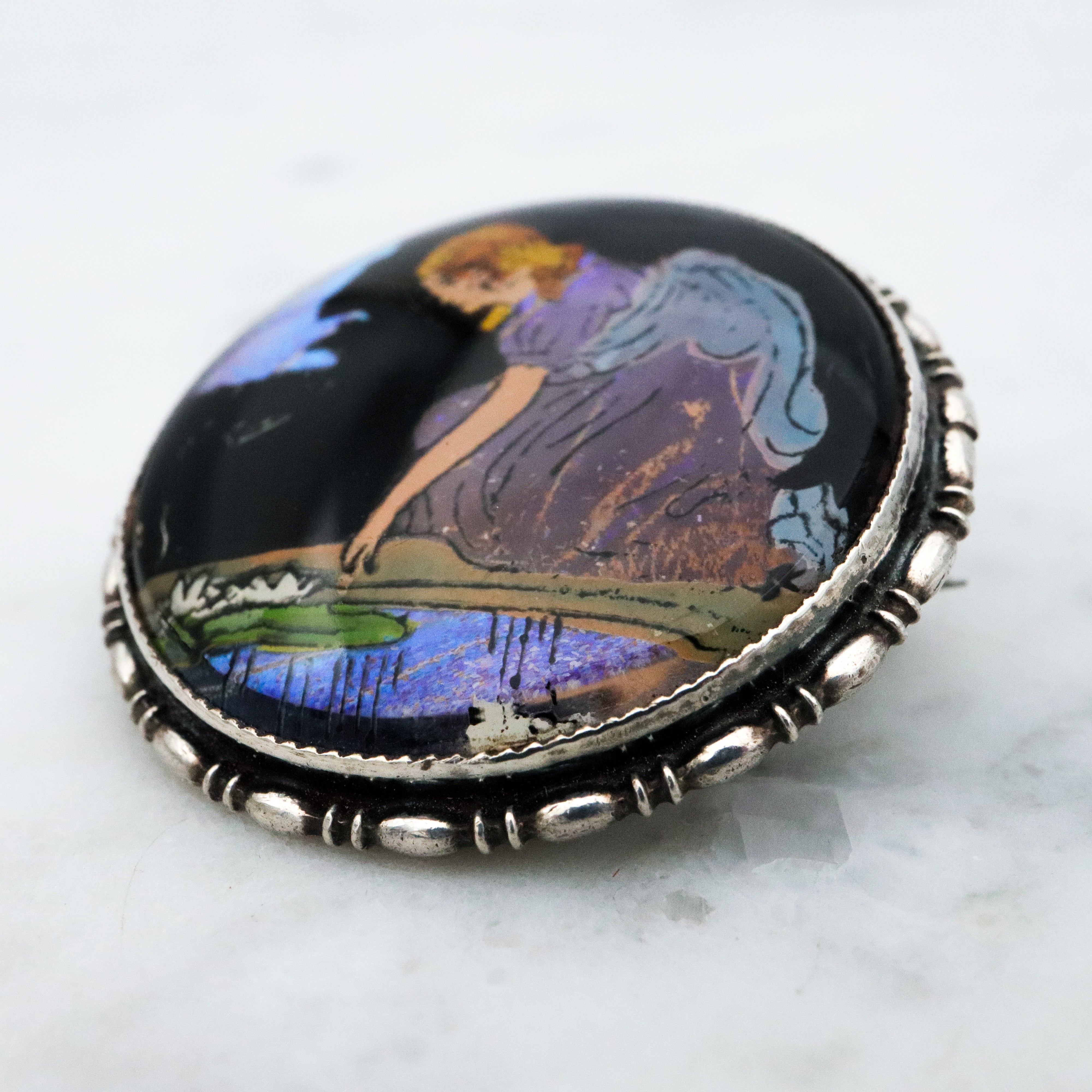Antique Victorian 1924 England sterling morpho butterfly reverse painted brooch