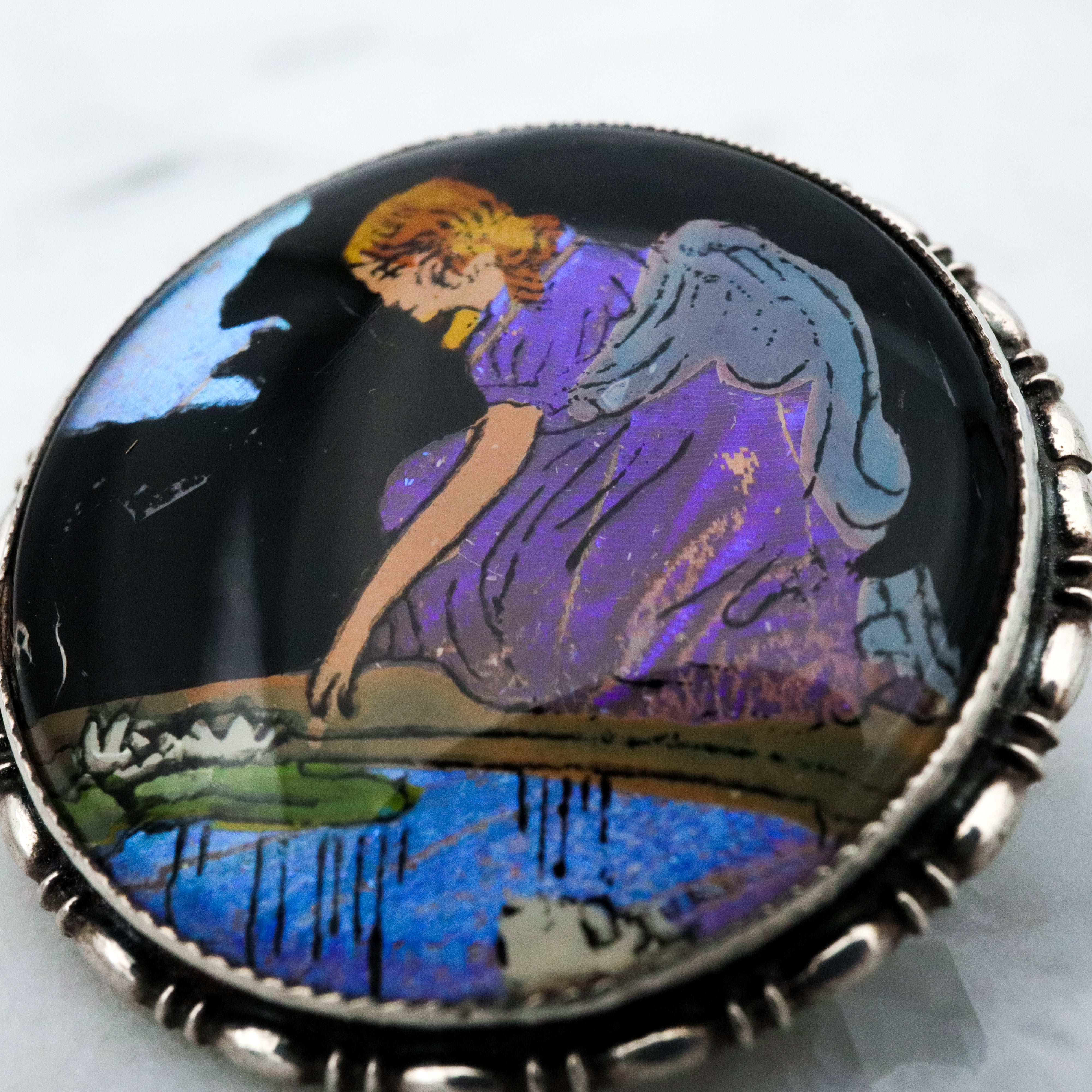 Antique Victorian 1924 England sterling morpho butterfly reverse painted brooch