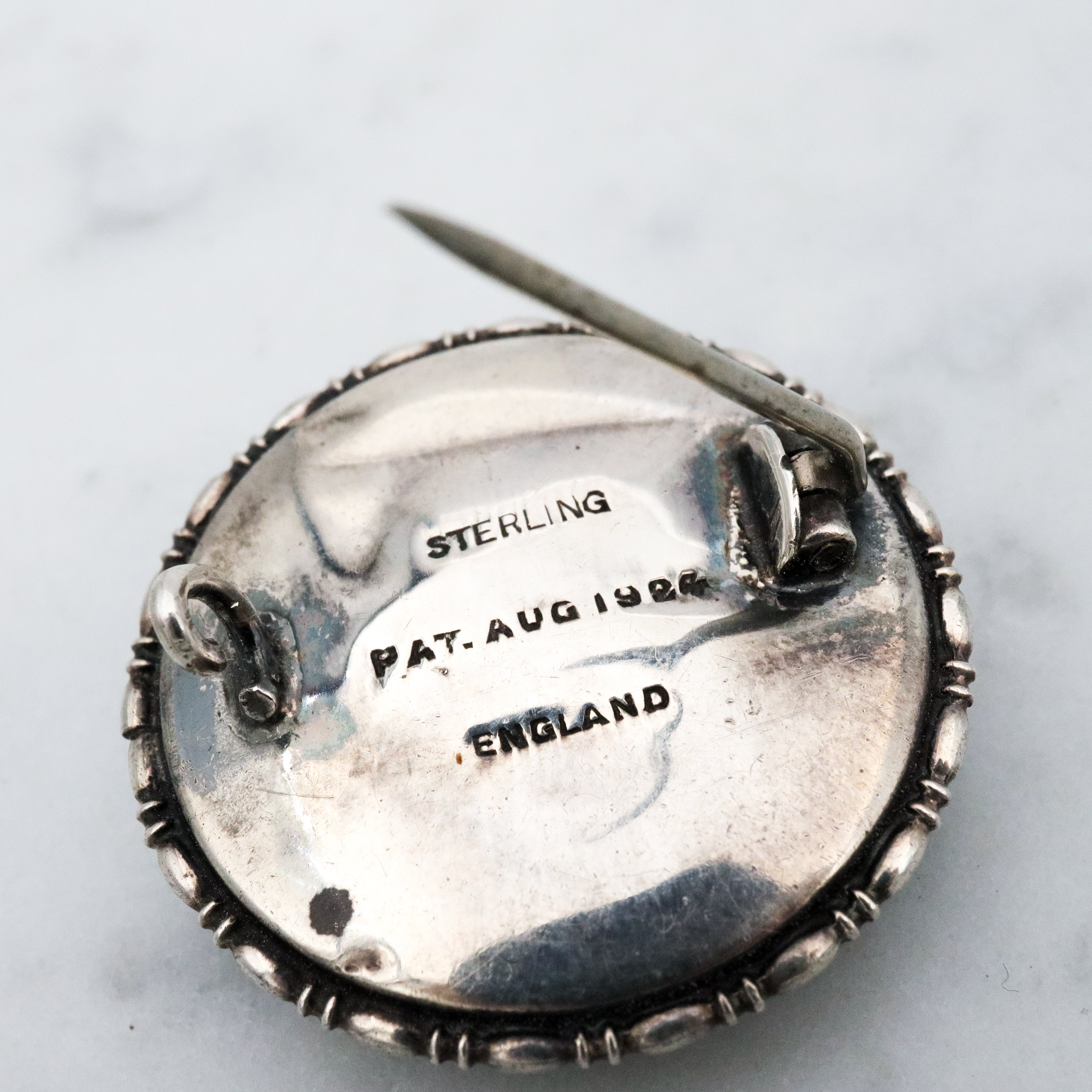 Antique Victorian 1924 England sterling morpho butterfly reverse painted brooch