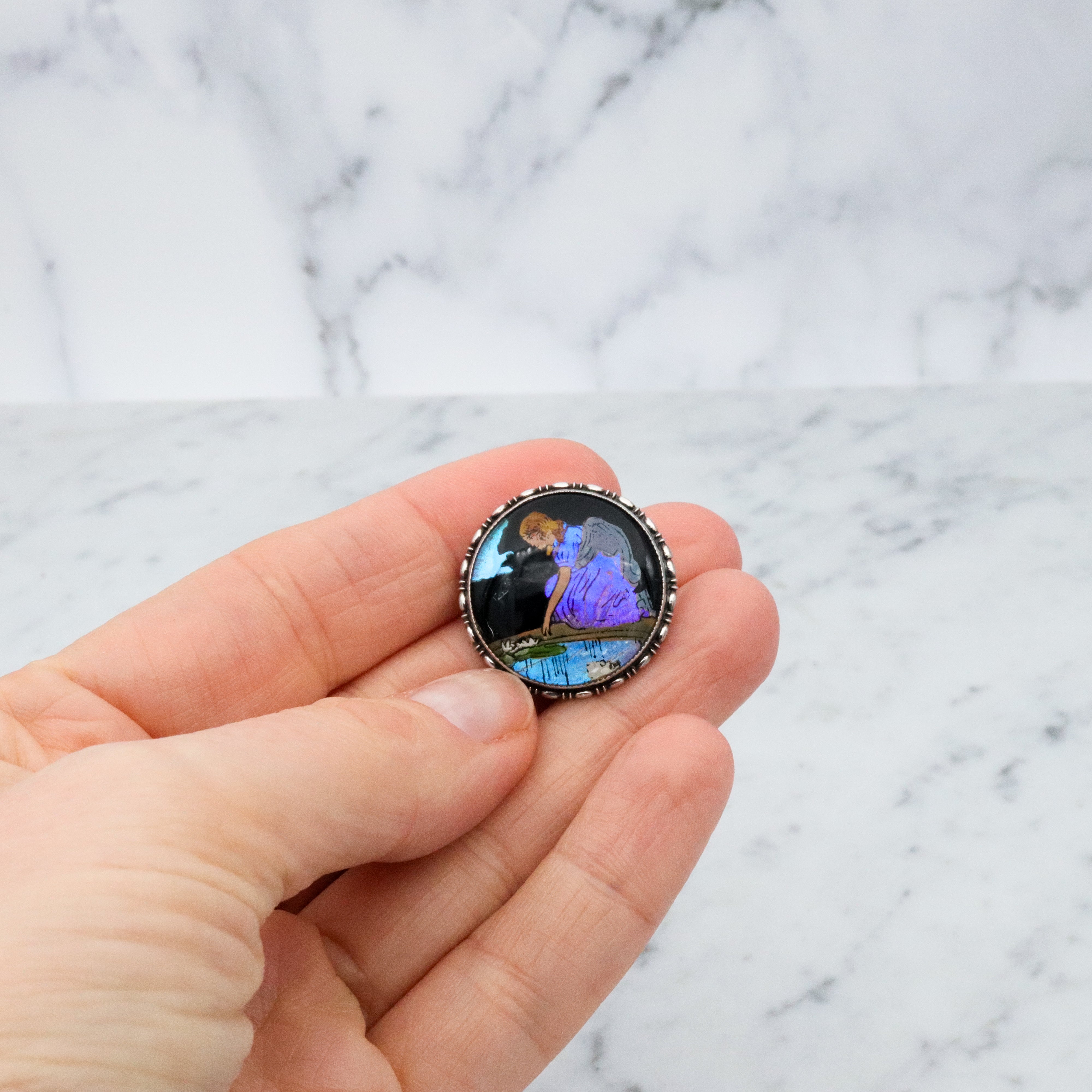 Antique Victorian 1924 England sterling morpho butterfly reverse painted brooch