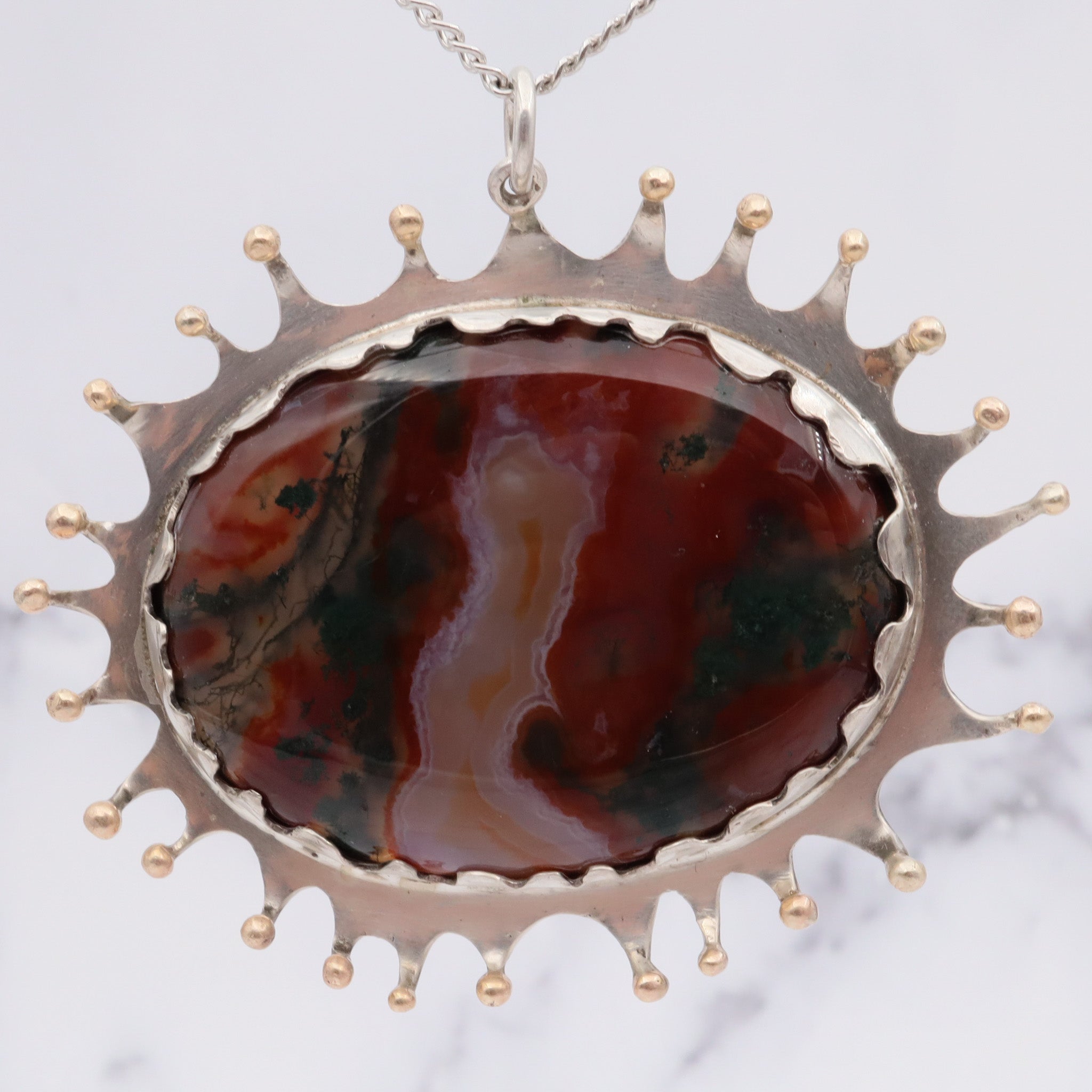 Vintage 1975 English brutalist sterling silver moss agate gilt accent pendant