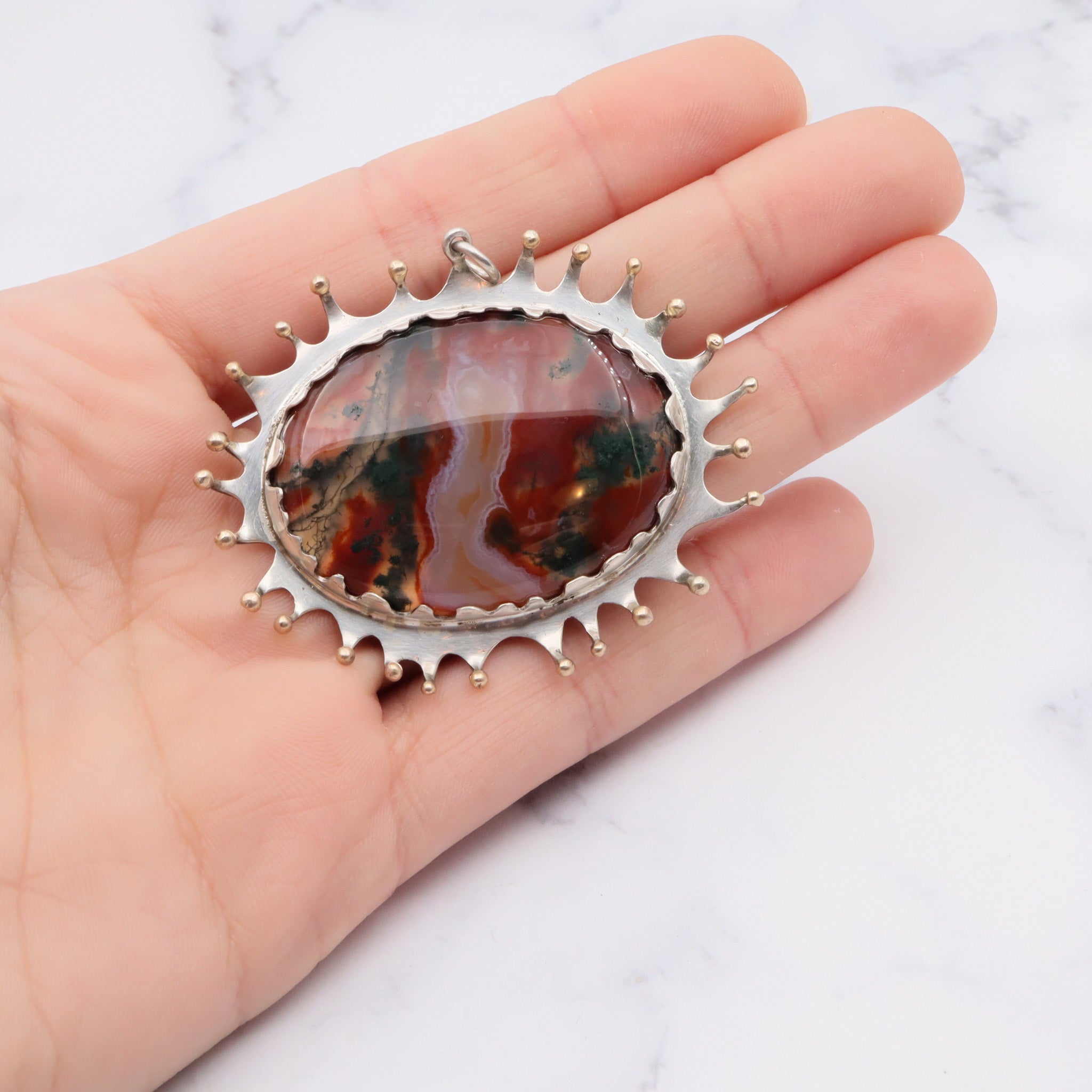 Vintage 1975 English brutalist sterling silver moss agate gilt accent pendant