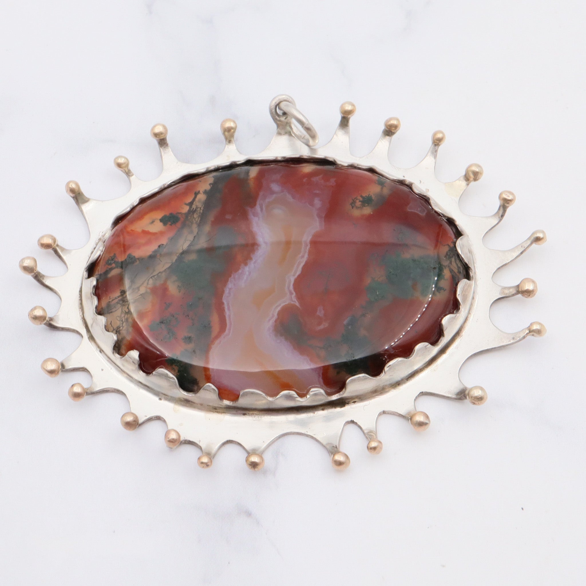 Vintage 1975 English brutalist sterling silver moss agate gilt accent pendant