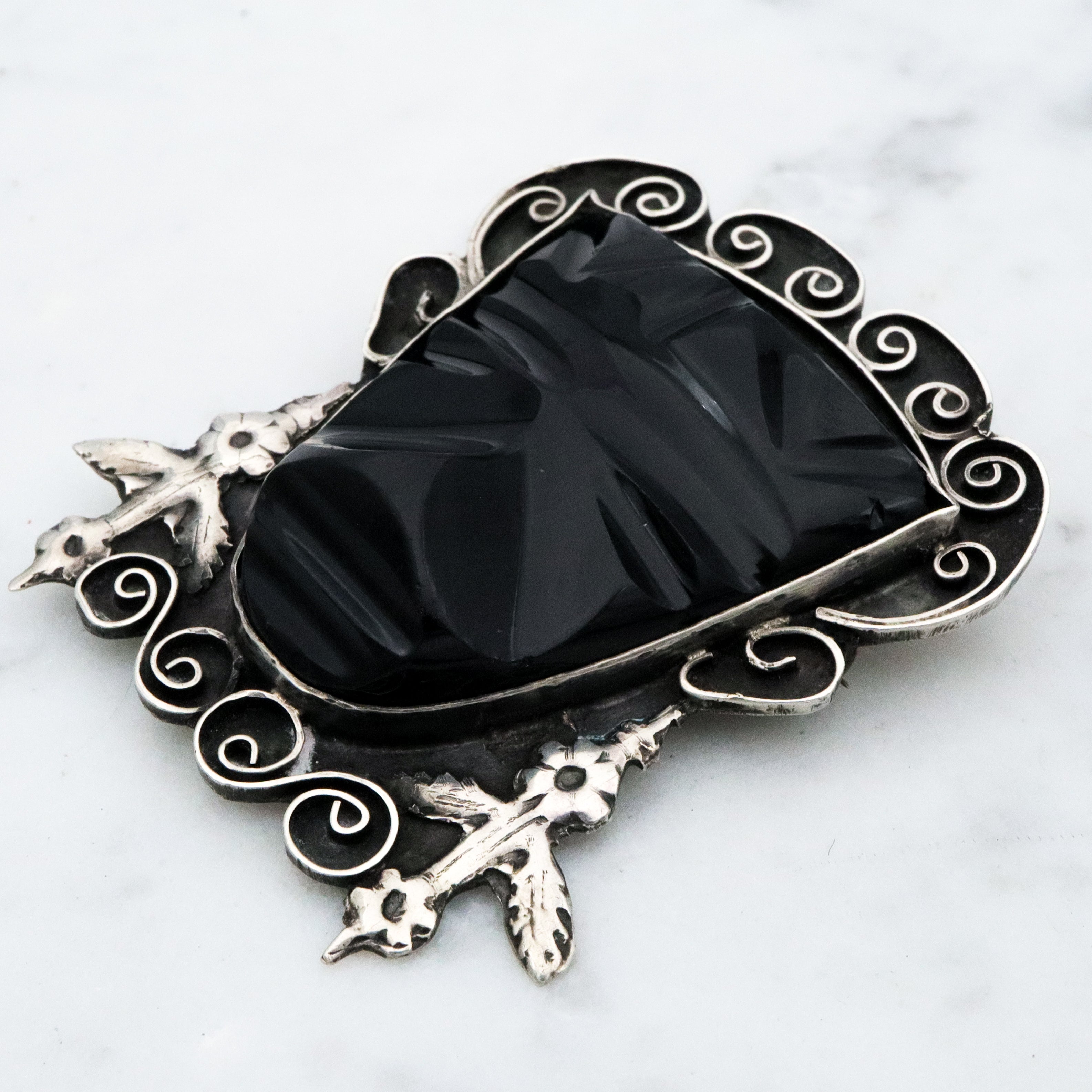 Antique 1920s Mexican sterling onyx carved Mayan mask brooch