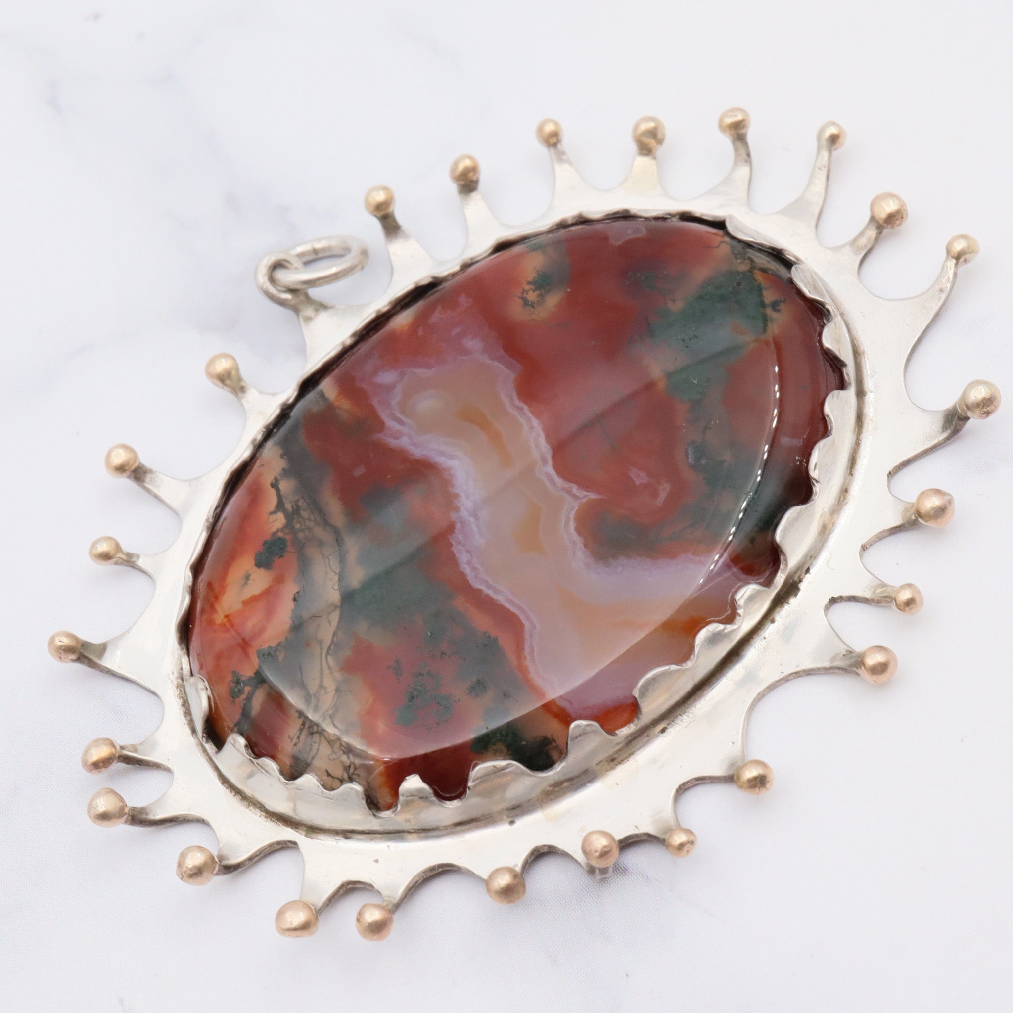 Vintage 1975 English brutalist sterling silver moss agate gilt accent pendant
