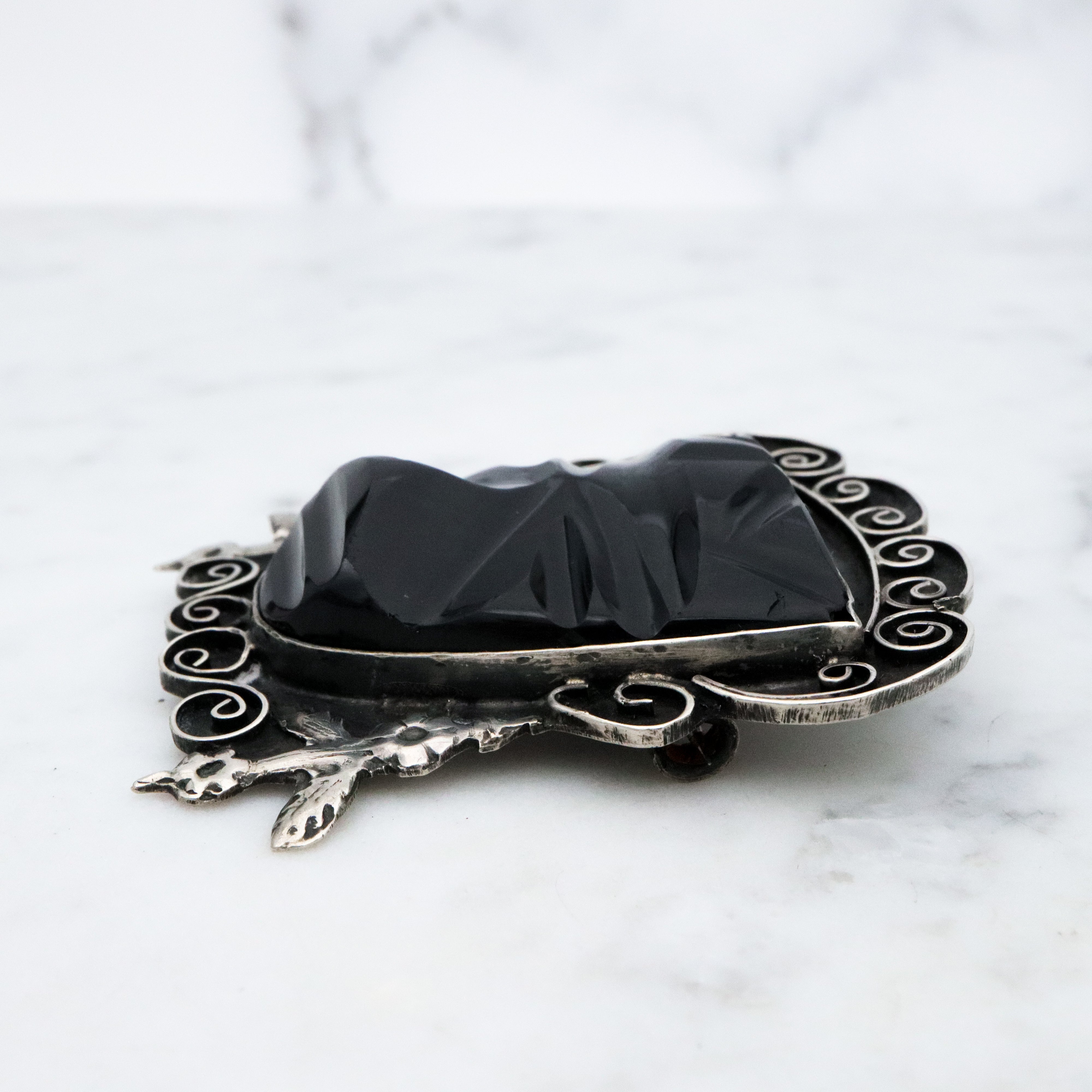 Antique 1920s Mexican sterling onyx carved Mayan mask brooch