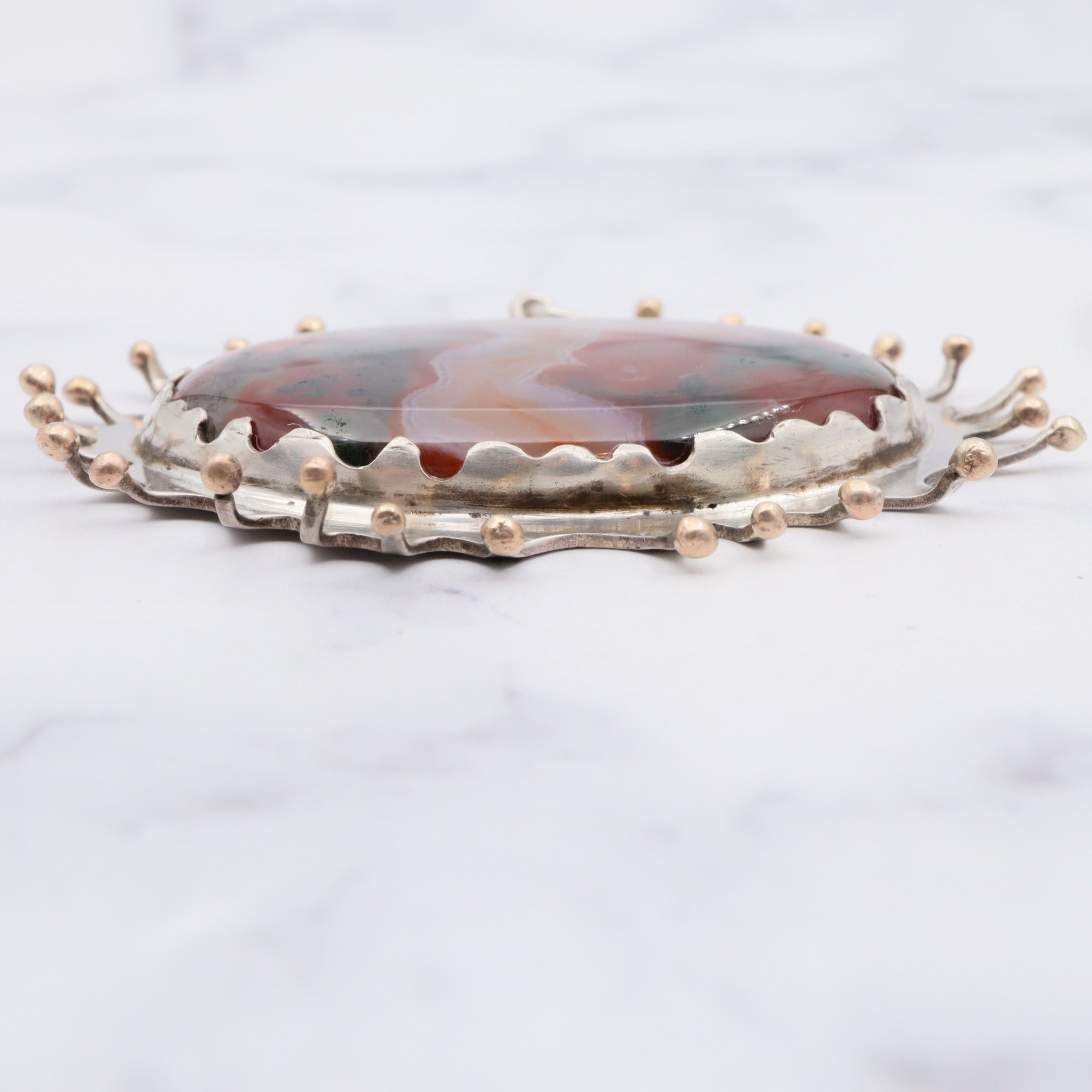 Vintage 1975 English brutalist sterling silver moss agate gilt accent pendant