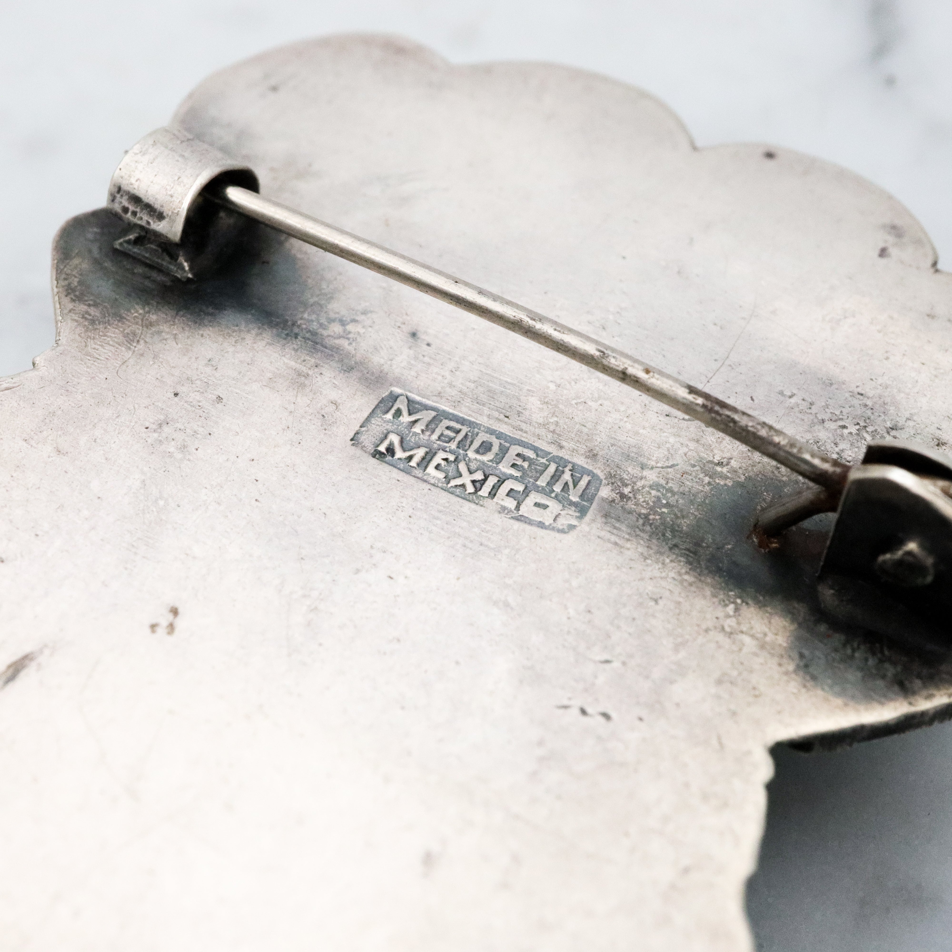 Antique 1920s Mexican sterling onyx carved Mayan mask brooch