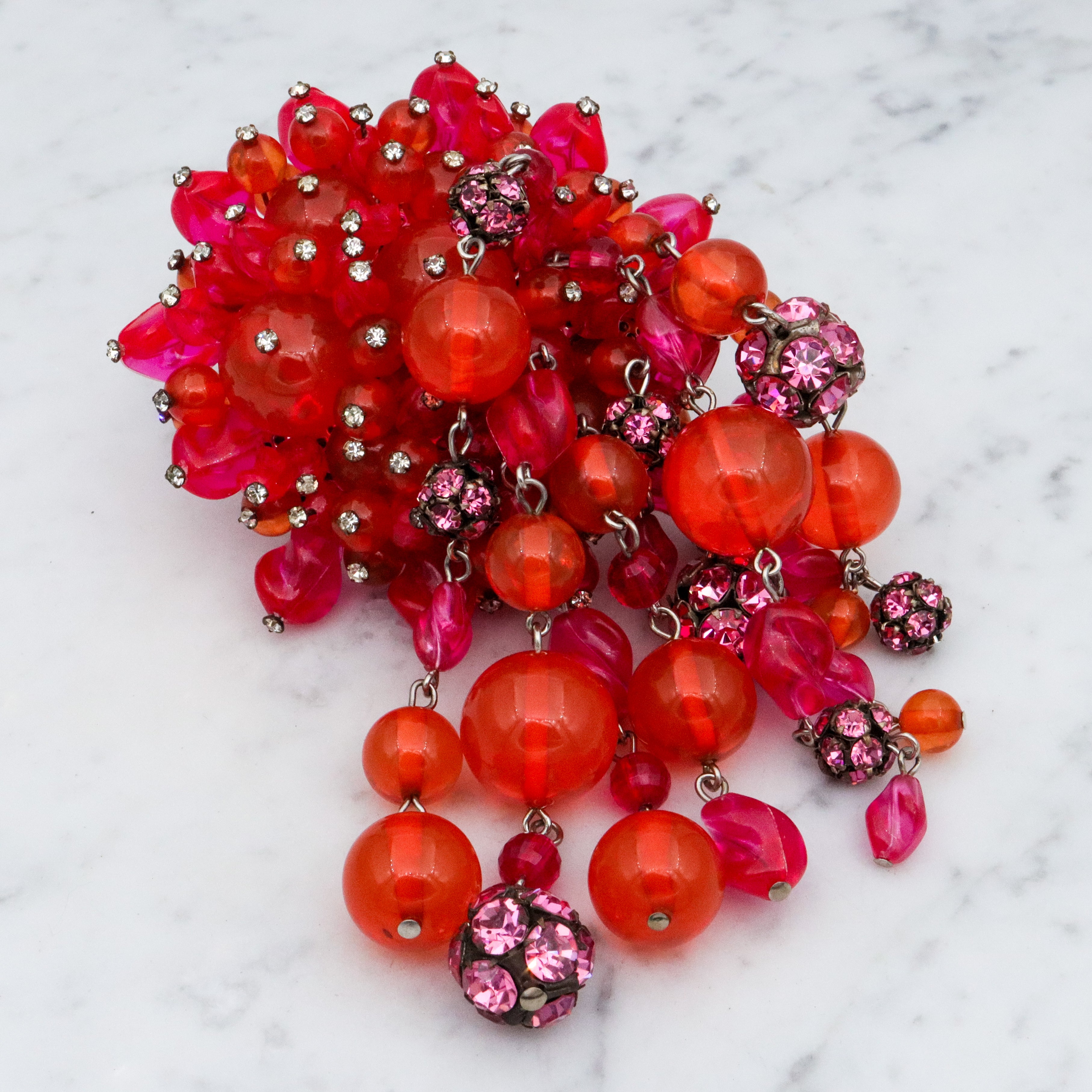 Rare Mid Century Brania huge orange & pink beaded brooch with long drops