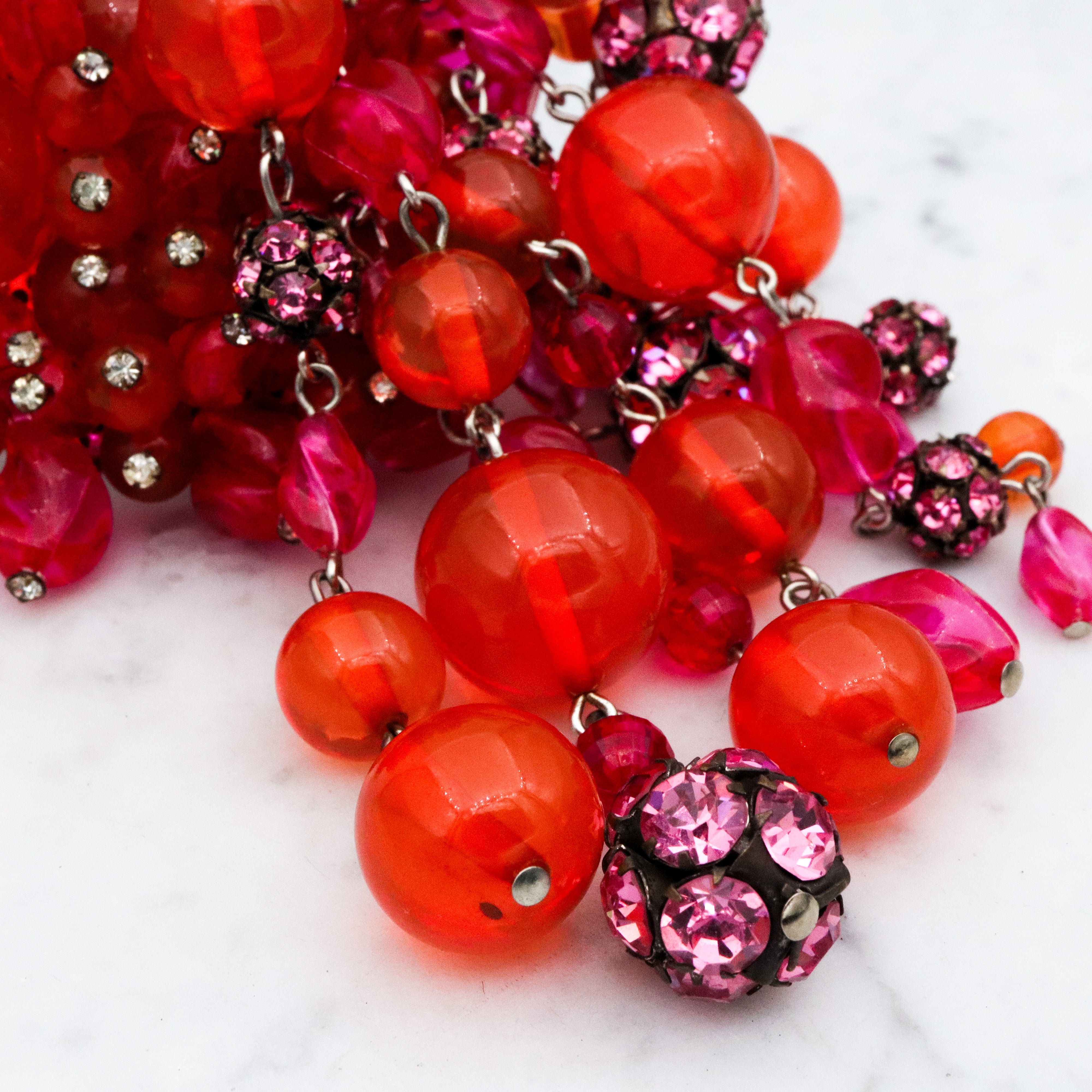 Rare Mid Century Brania huge orange & pink beaded brooch with long drops