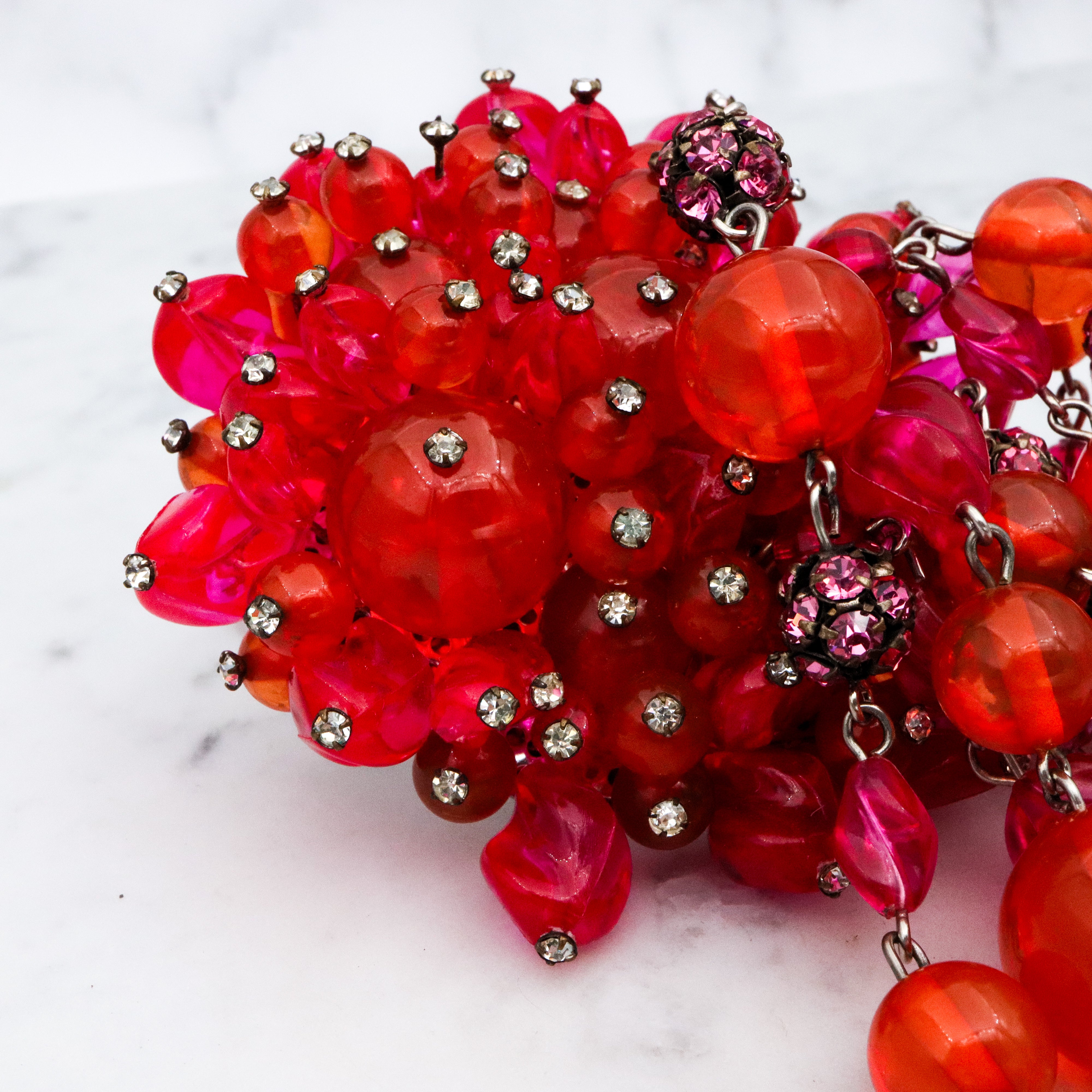 Rare Mid Century Brania huge orange & pink beaded brooch with long drops