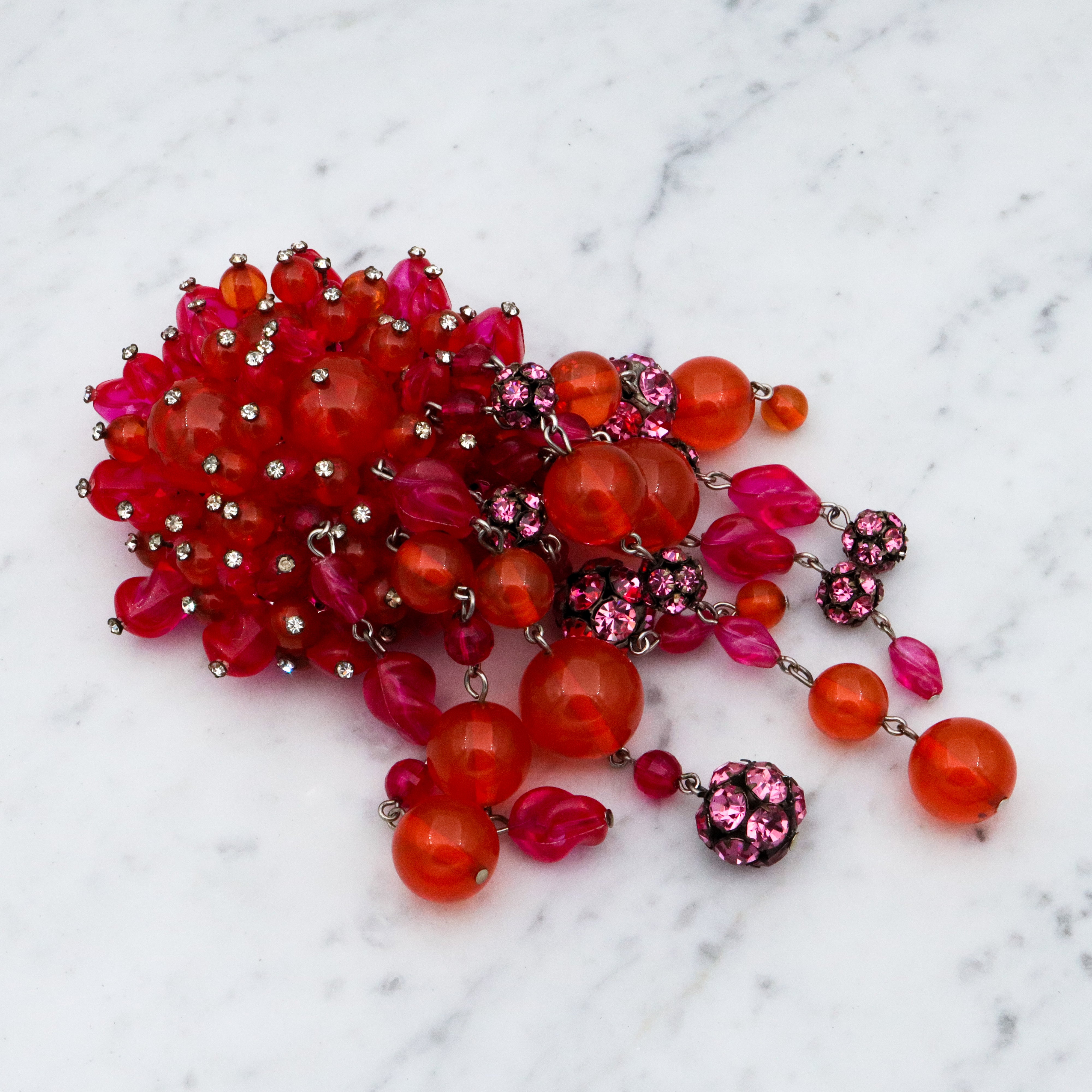 Rare Mid Century Brania huge orange & pink beaded brooch with long drops
