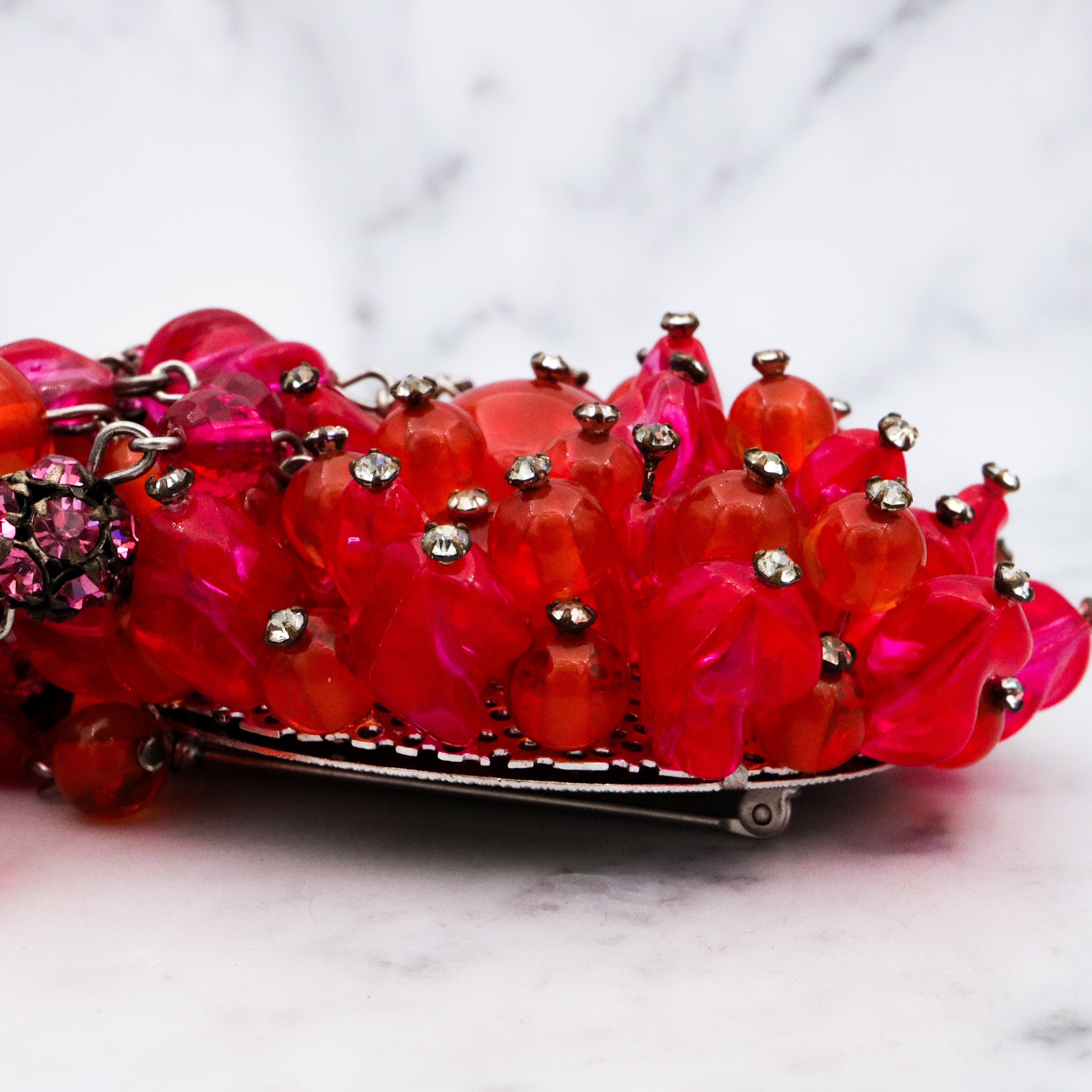 Rare Mid Century Brania huge orange & pink beaded brooch with long drops