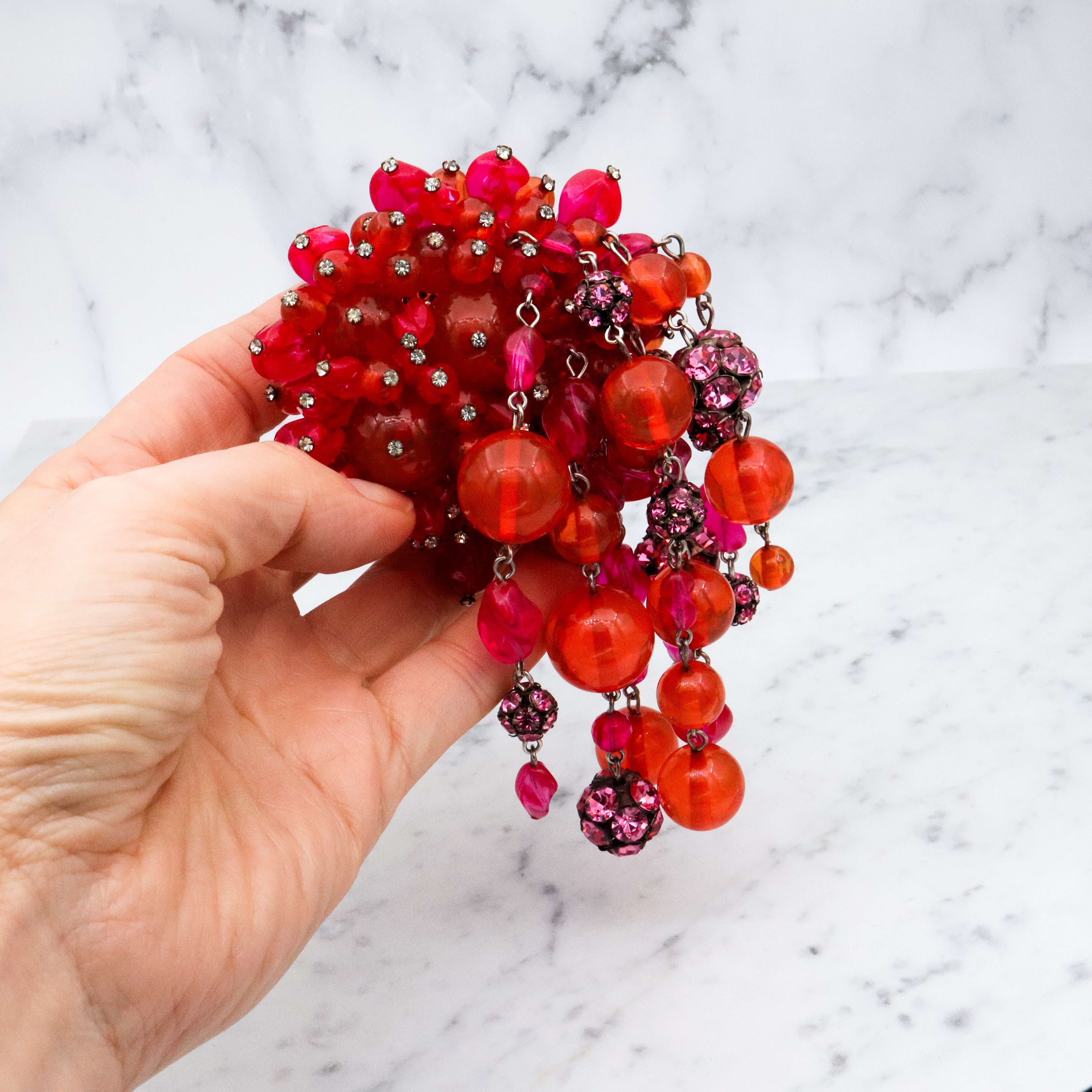 Rare Mid Century Brania huge orange & pink beaded brooch with long drops