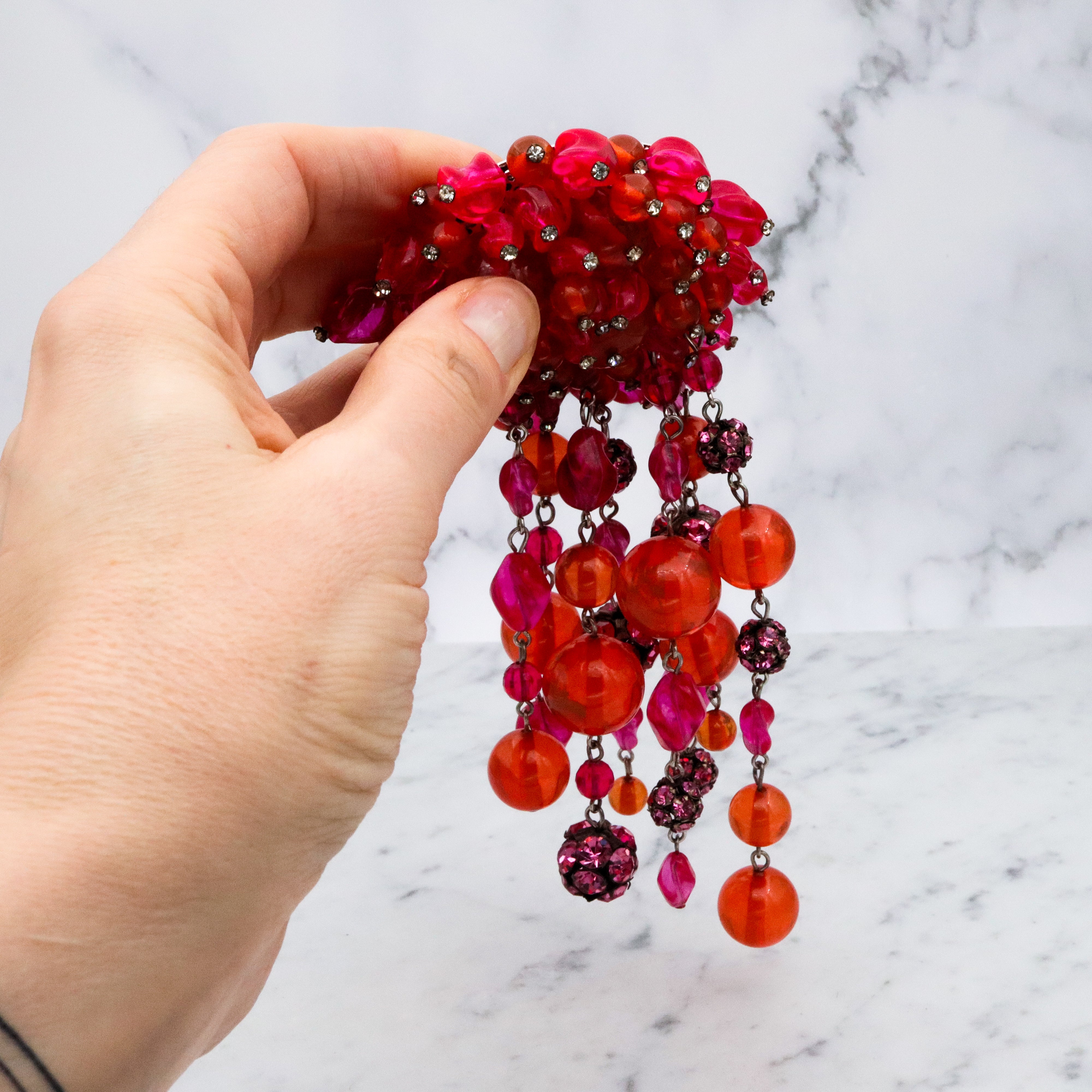 Rare Mid Century Brania huge orange & pink beaded brooch with long drops