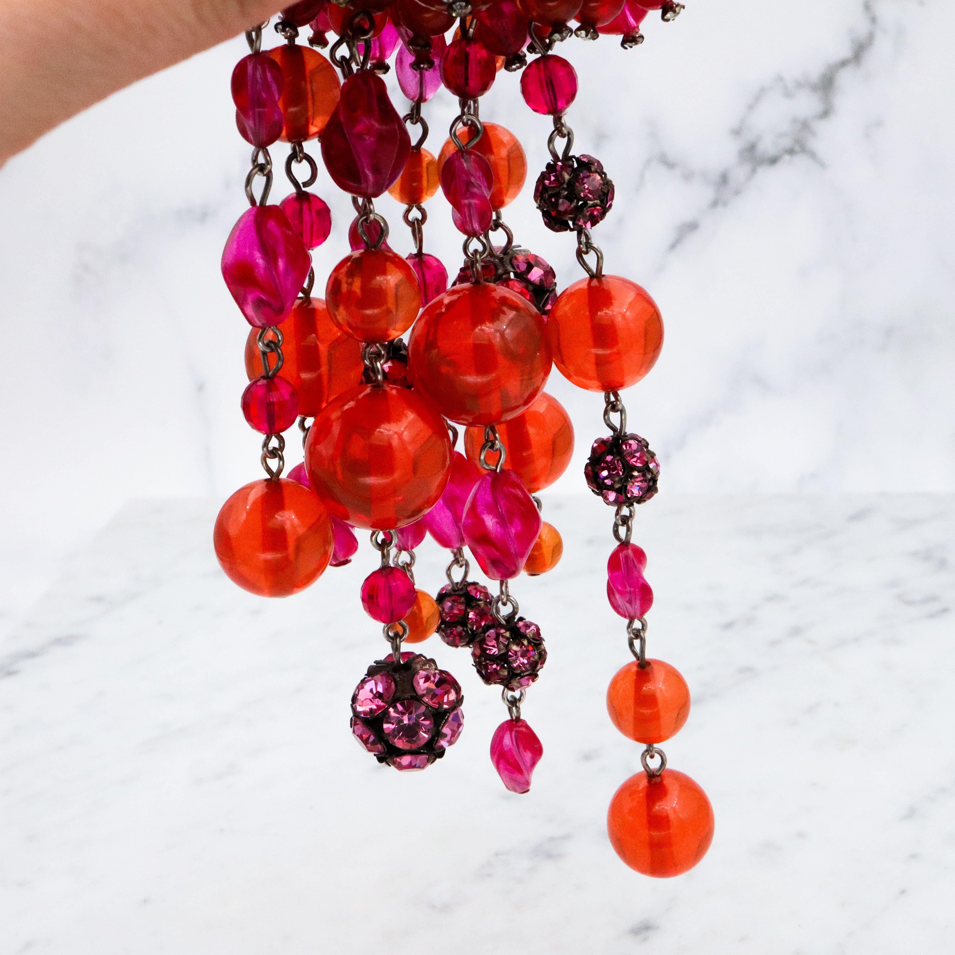 Rare Mid Century Brania huge orange & pink beaded brooch with long drops