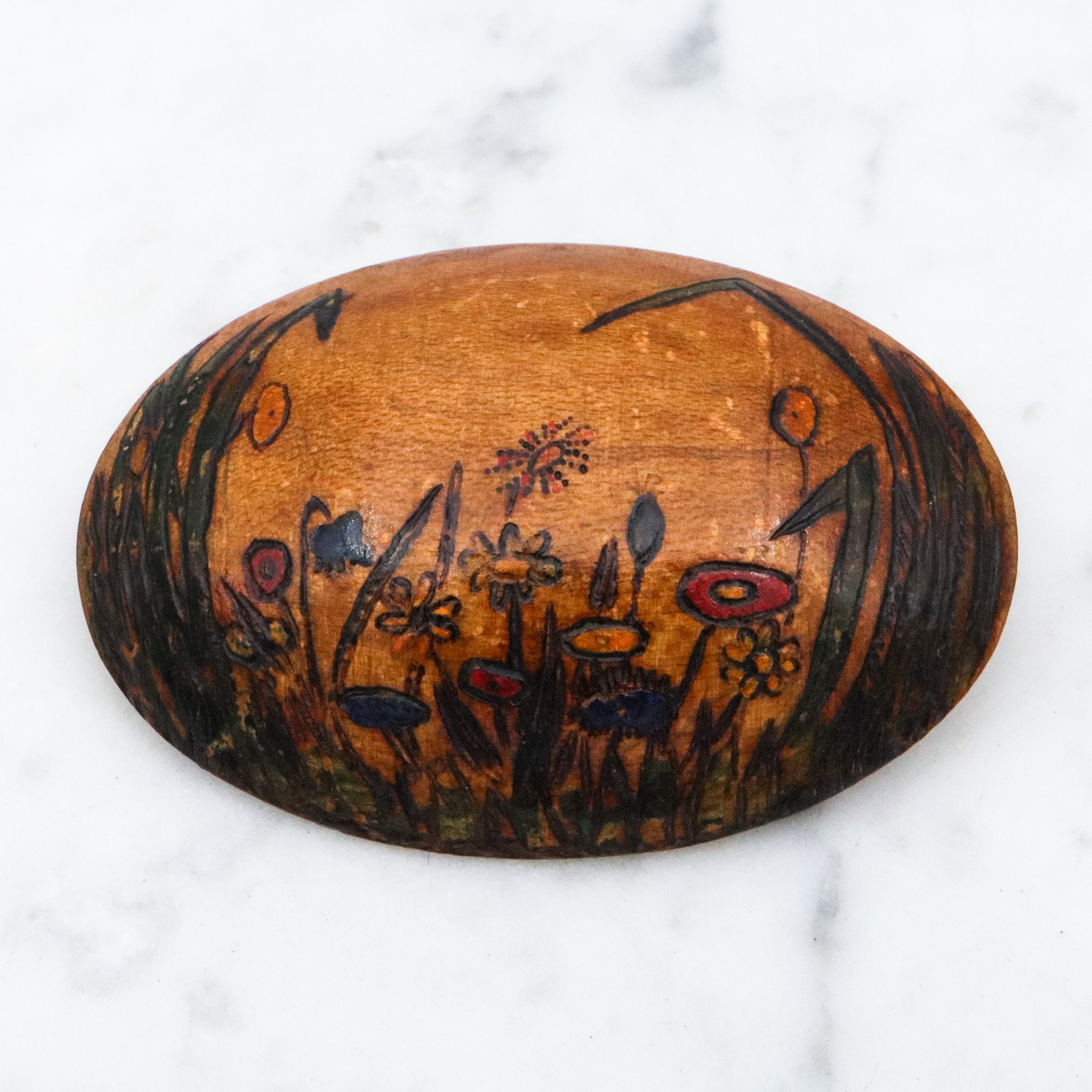 Antique 1937 handmade domed wooden brooch with painted floral scene