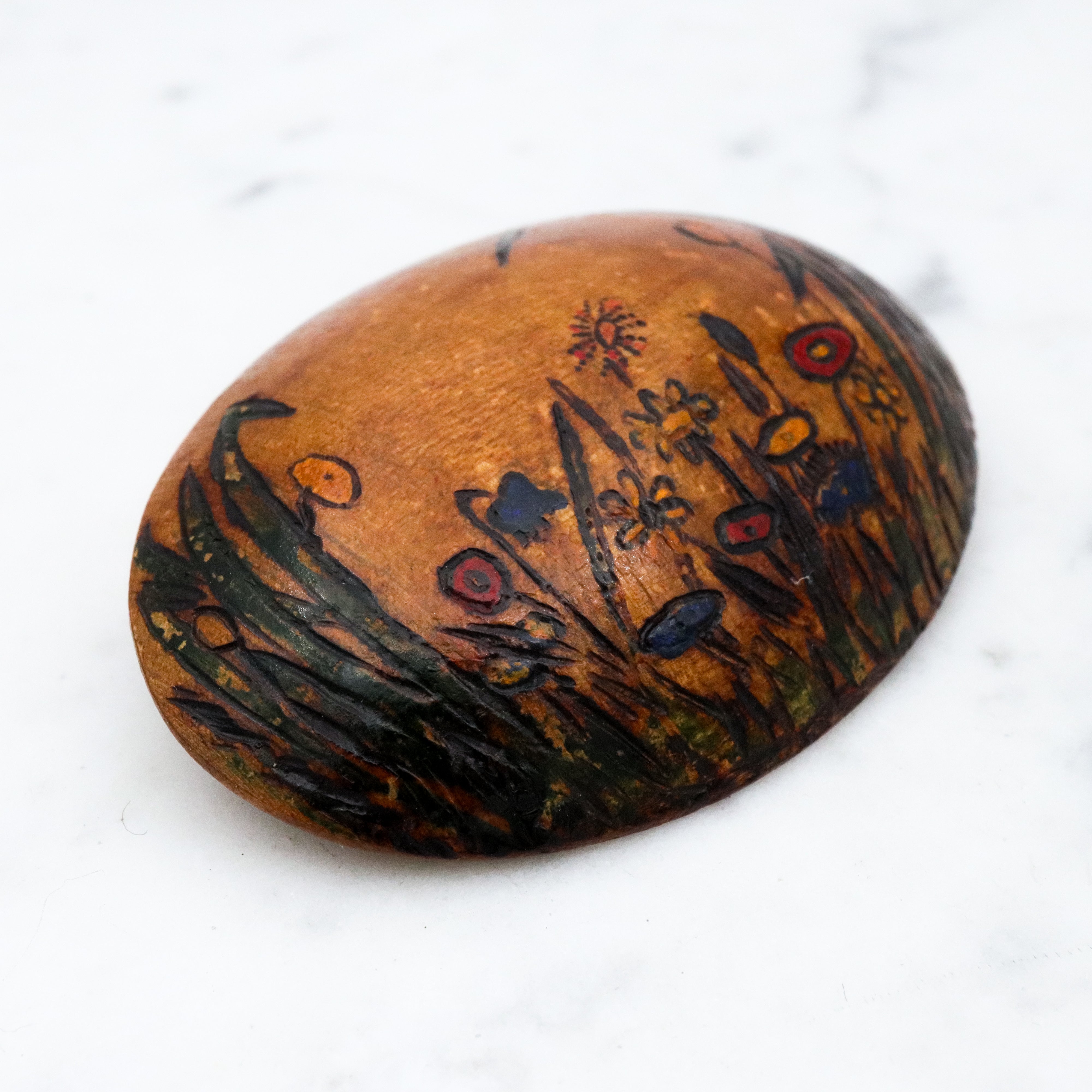 Antique 1937 handmade domed wooden brooch with painted floral scene