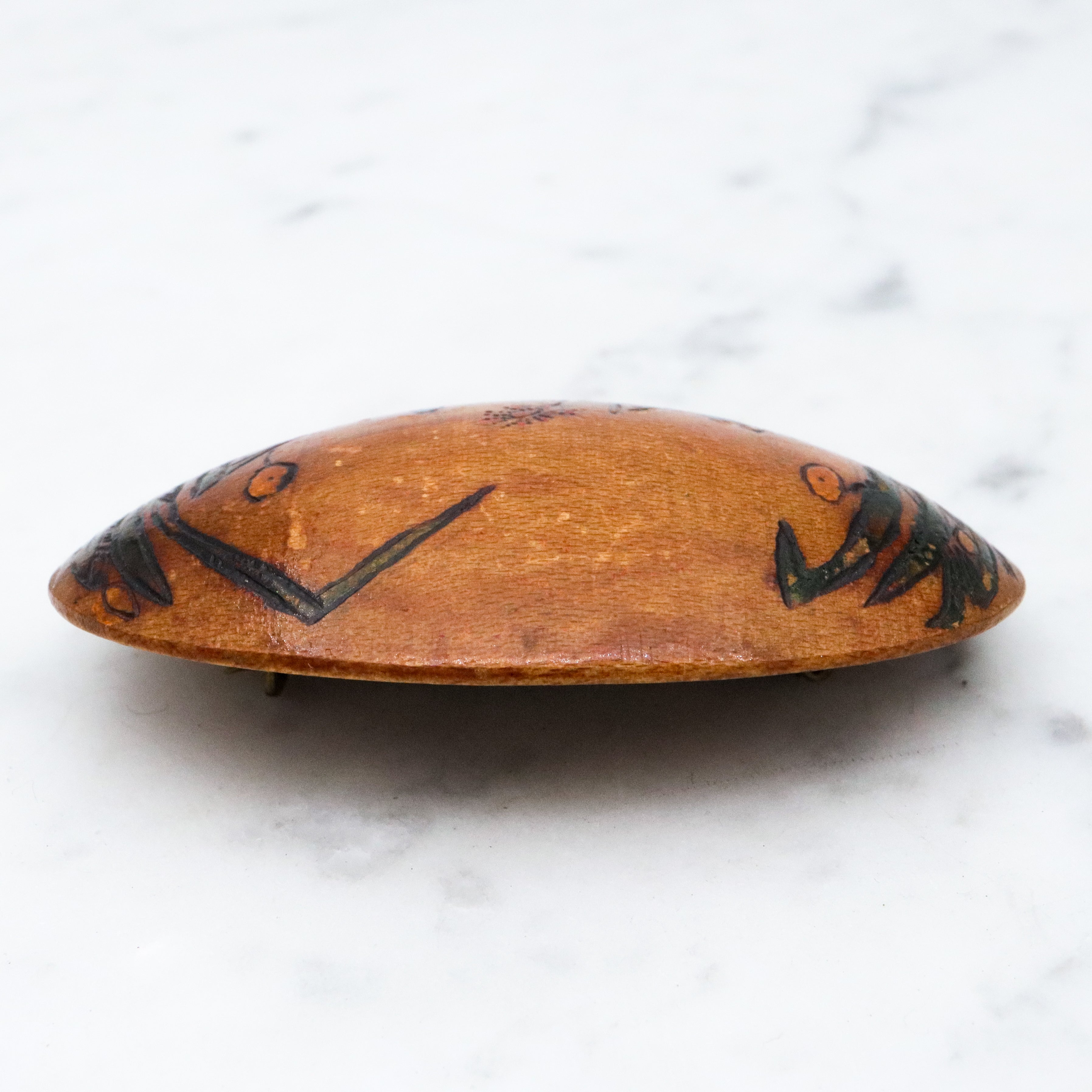 Antique 1937 handmade domed wooden brooch with painted floral scene