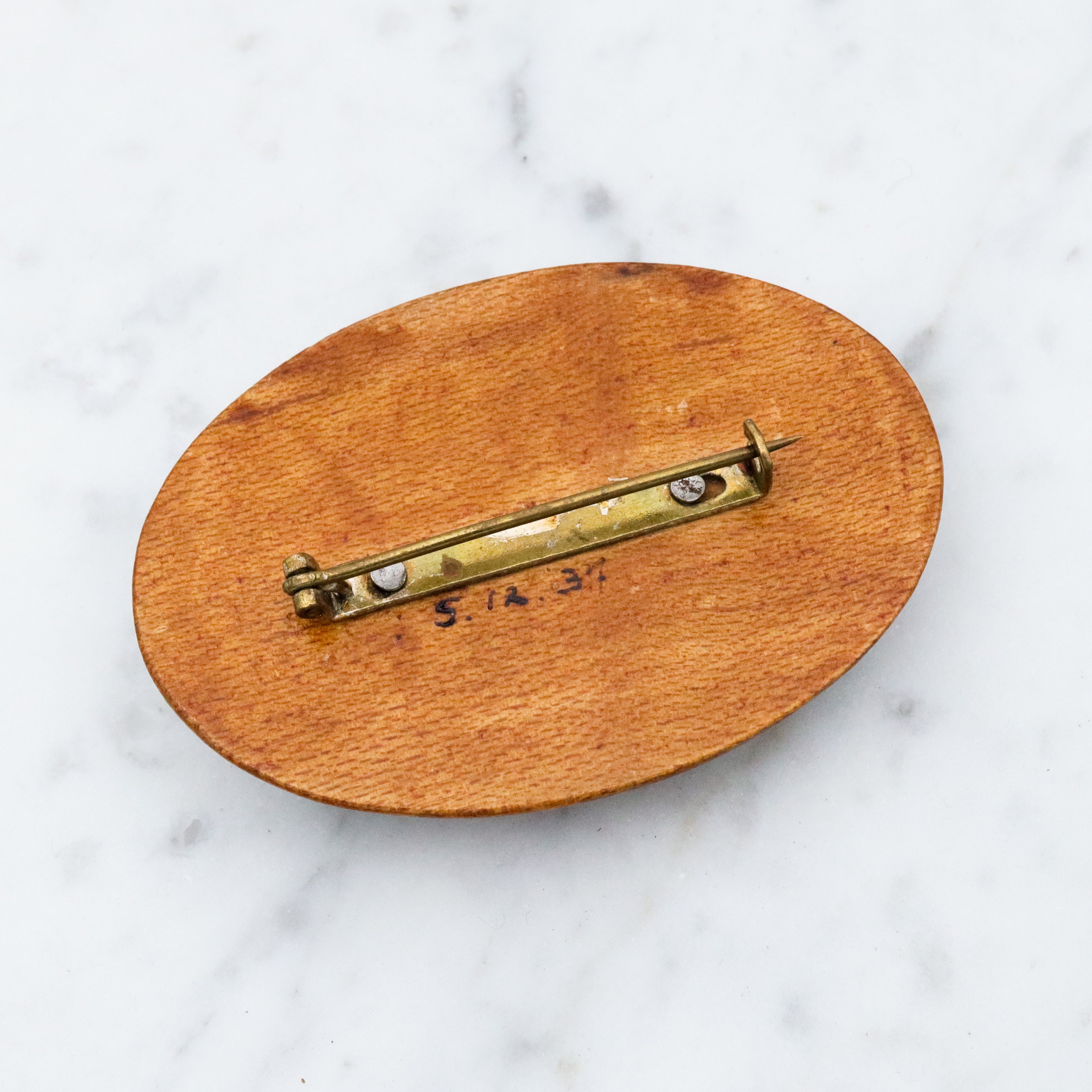 Antique 1937 handmade domed wooden brooch with painted floral scene