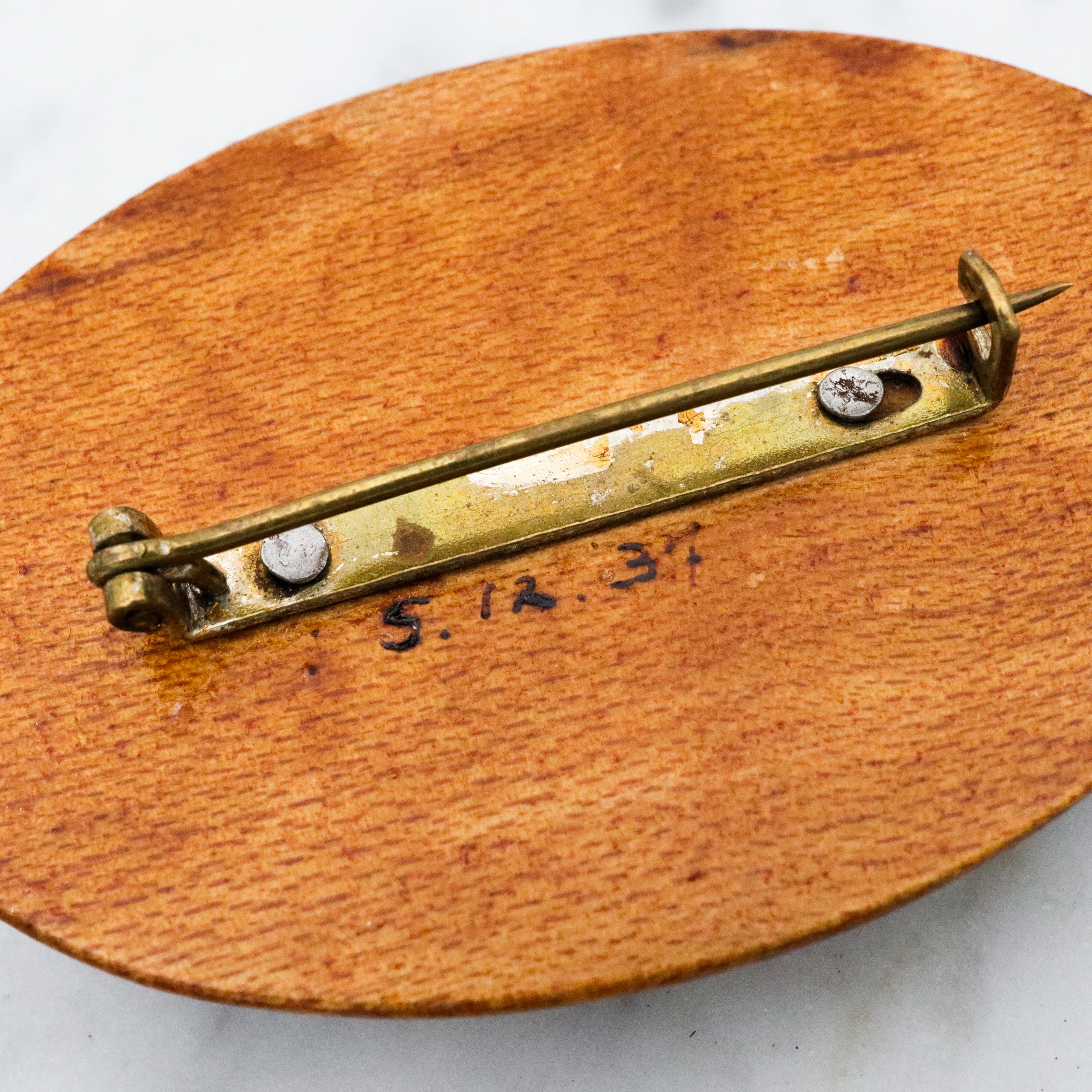 Antique 1937 handmade domed wooden brooch with painted floral scene