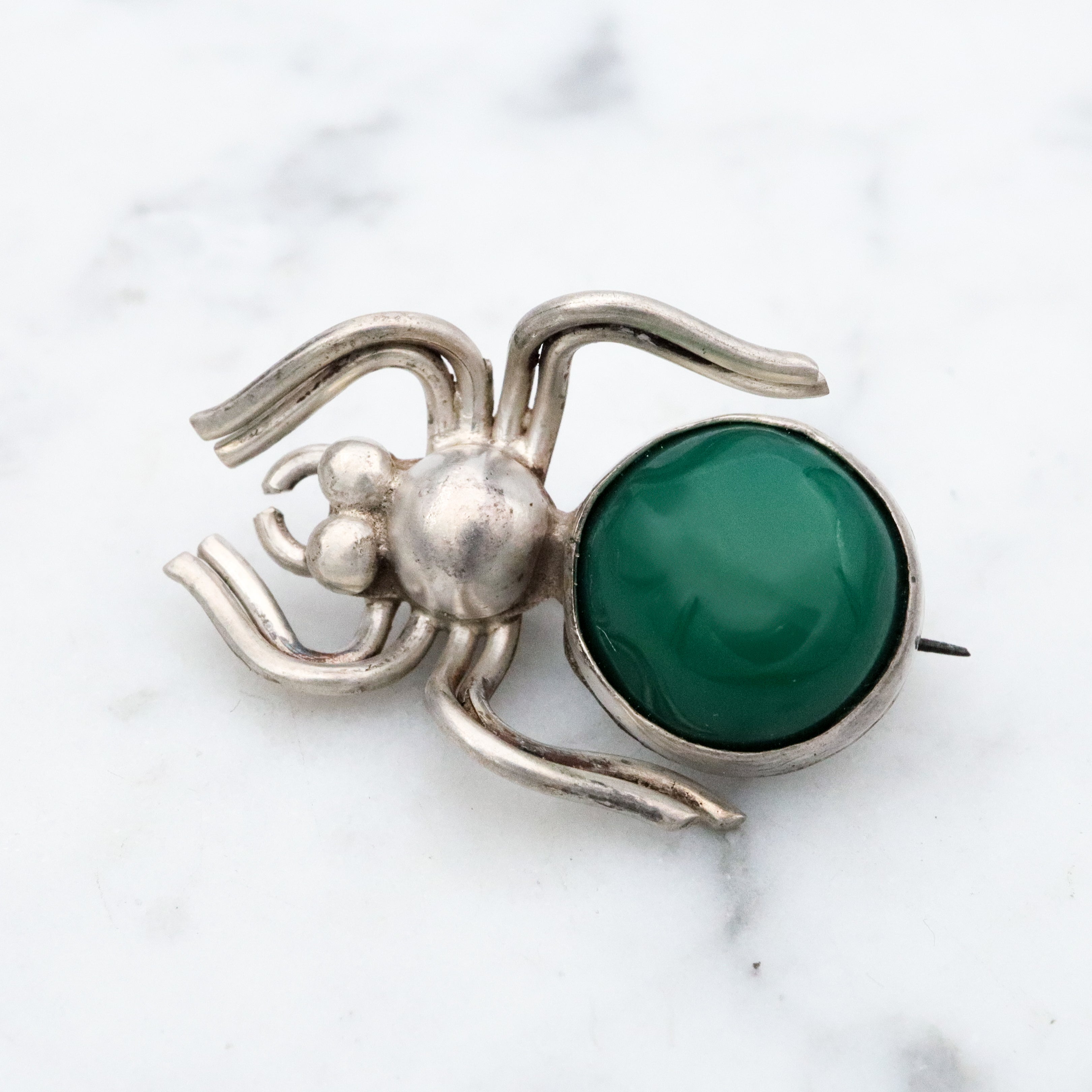 Mid Century Mexican sterling & green agate spider pin by Quinto