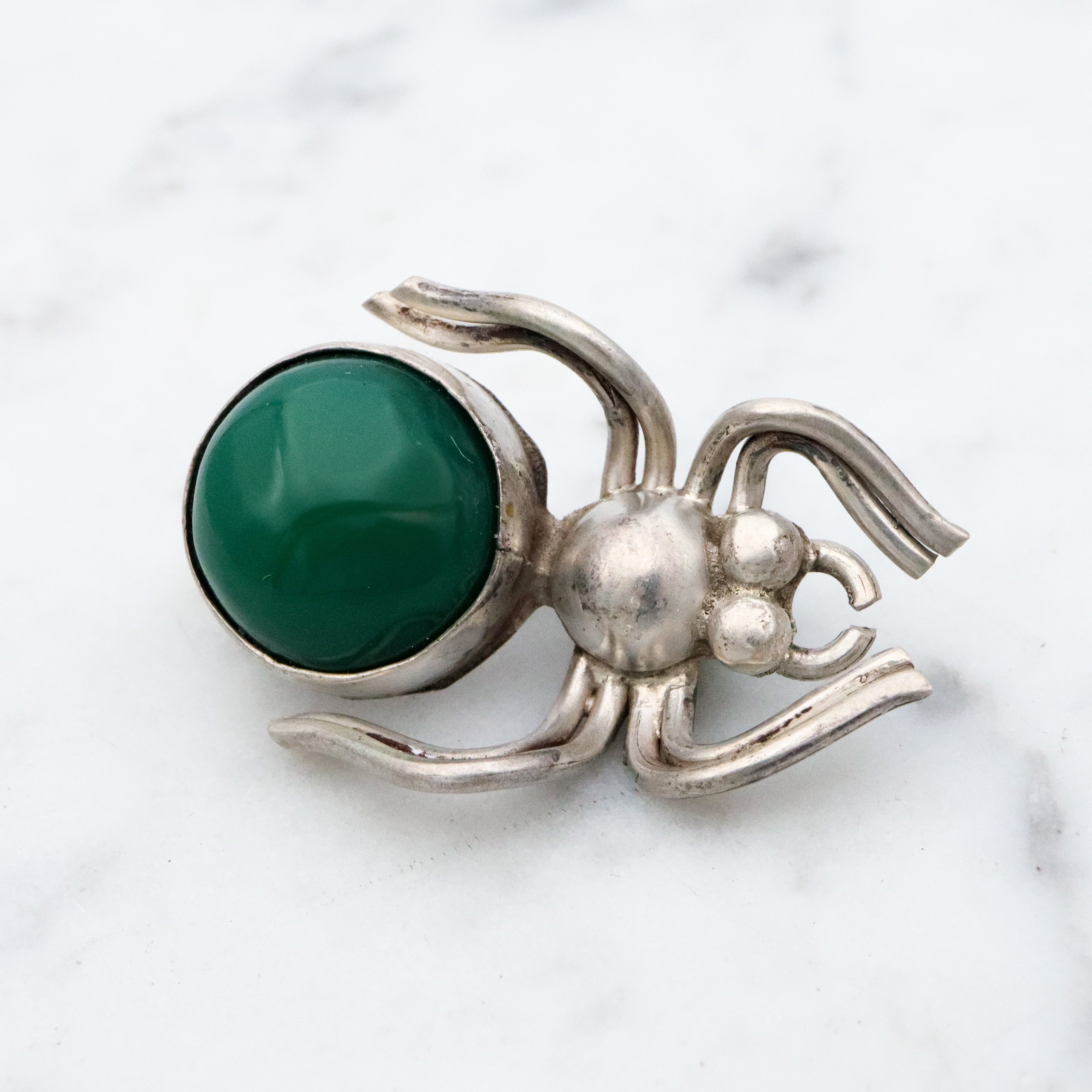 Mid Century Mexican sterling & green agate spider pin by Quinto