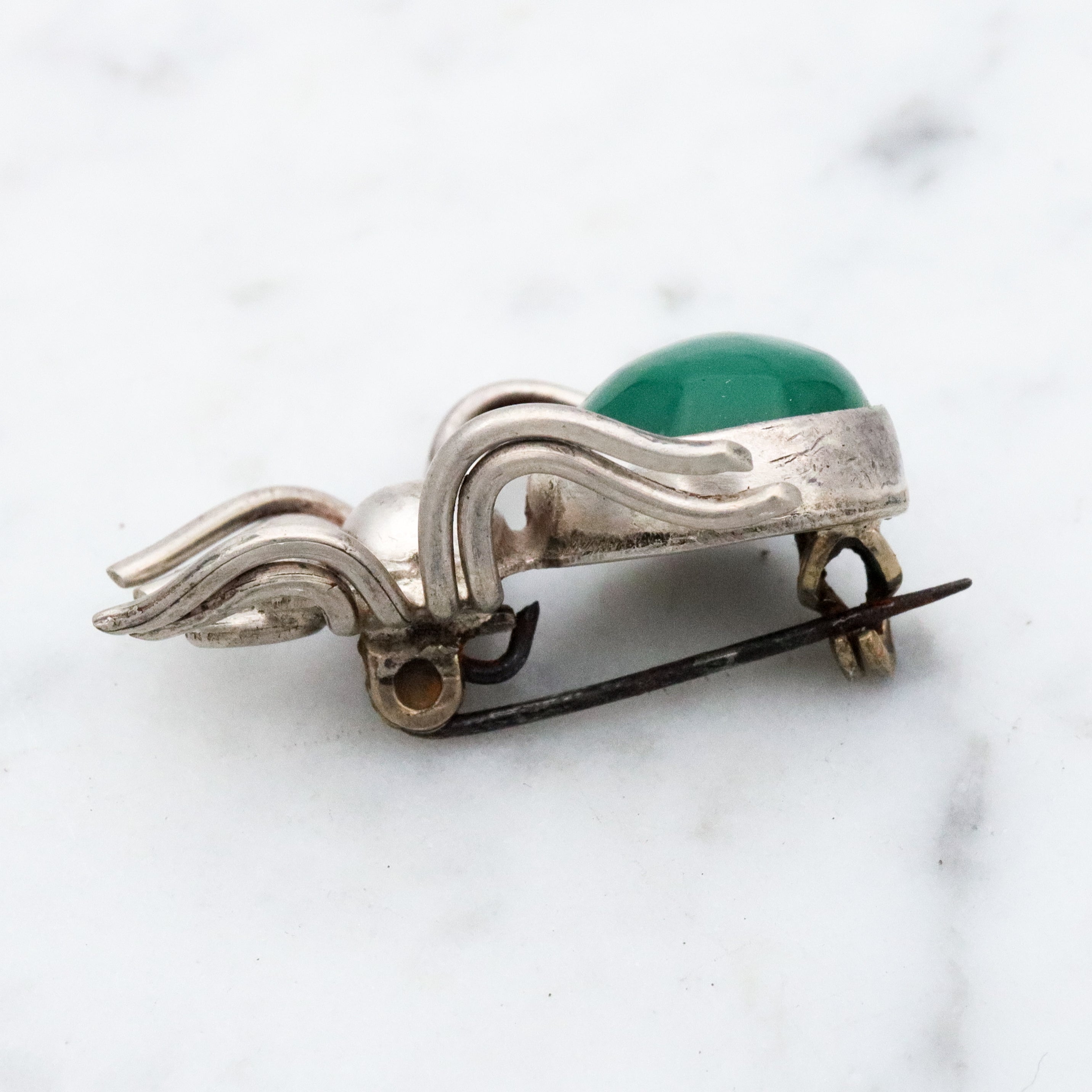 Mid Century Mexican sterling & green agate spider pin by Quinto