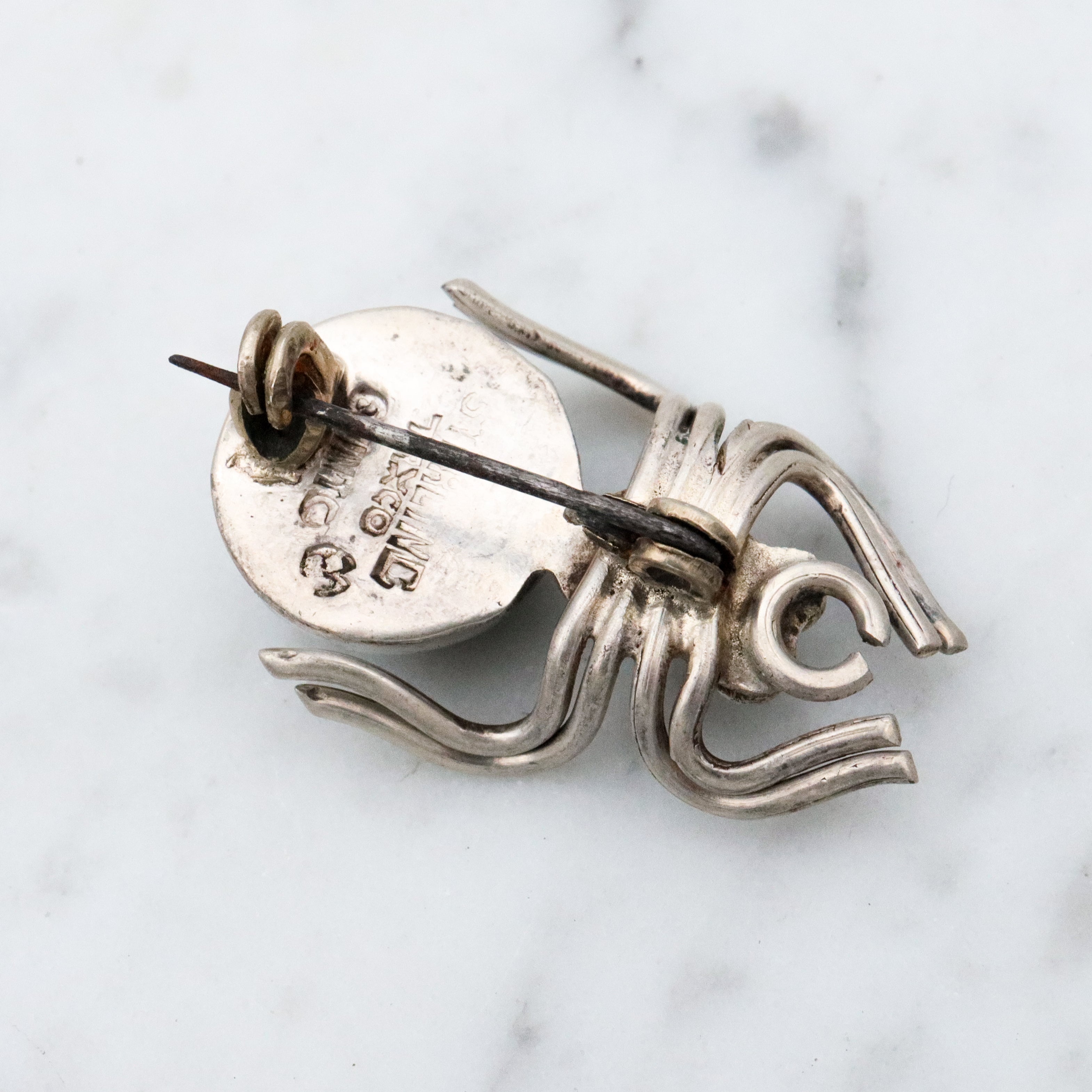 Mid Century Mexican sterling & green agate spider pin by Quinto