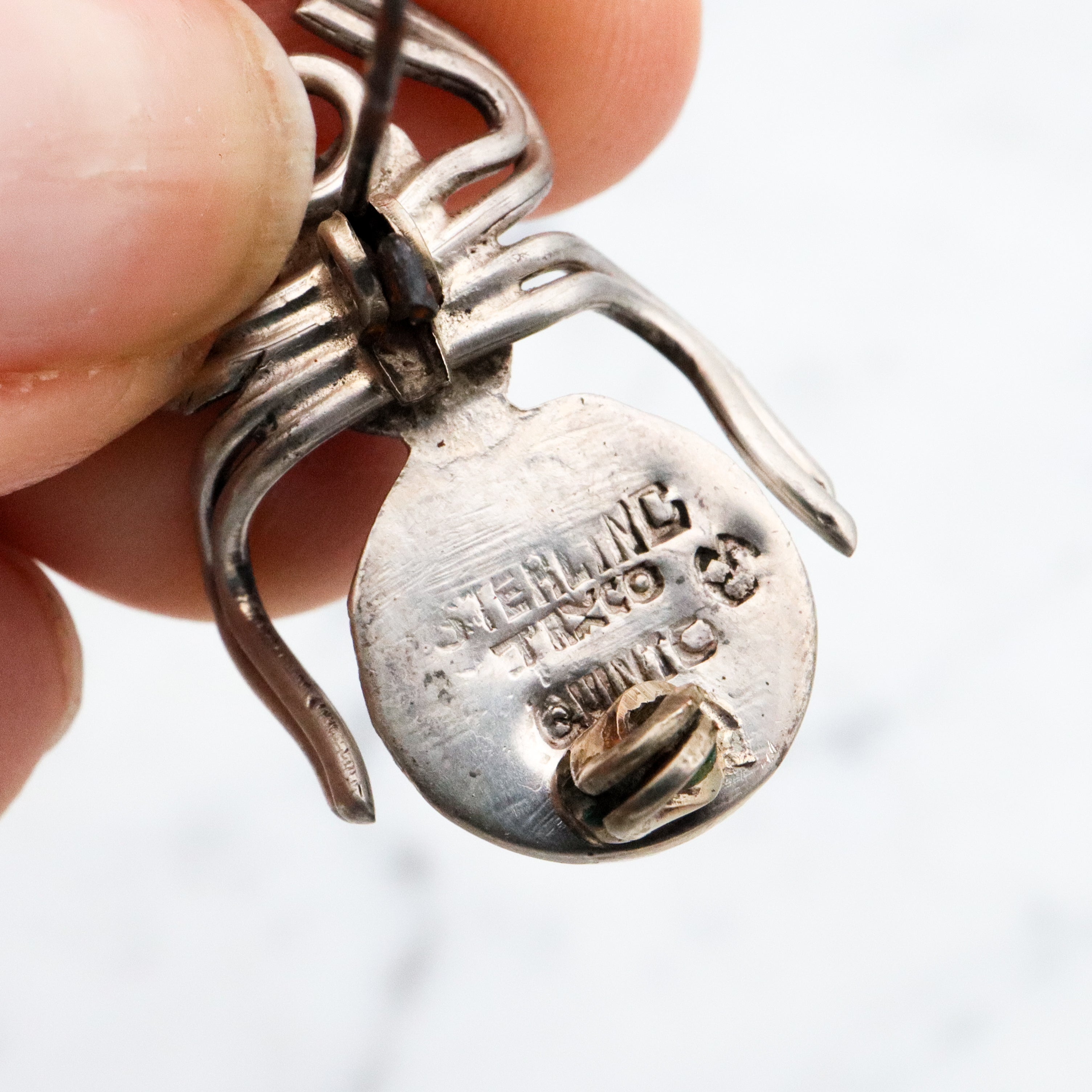 Mid Century Mexican sterling & green agate spider pin by Quinto